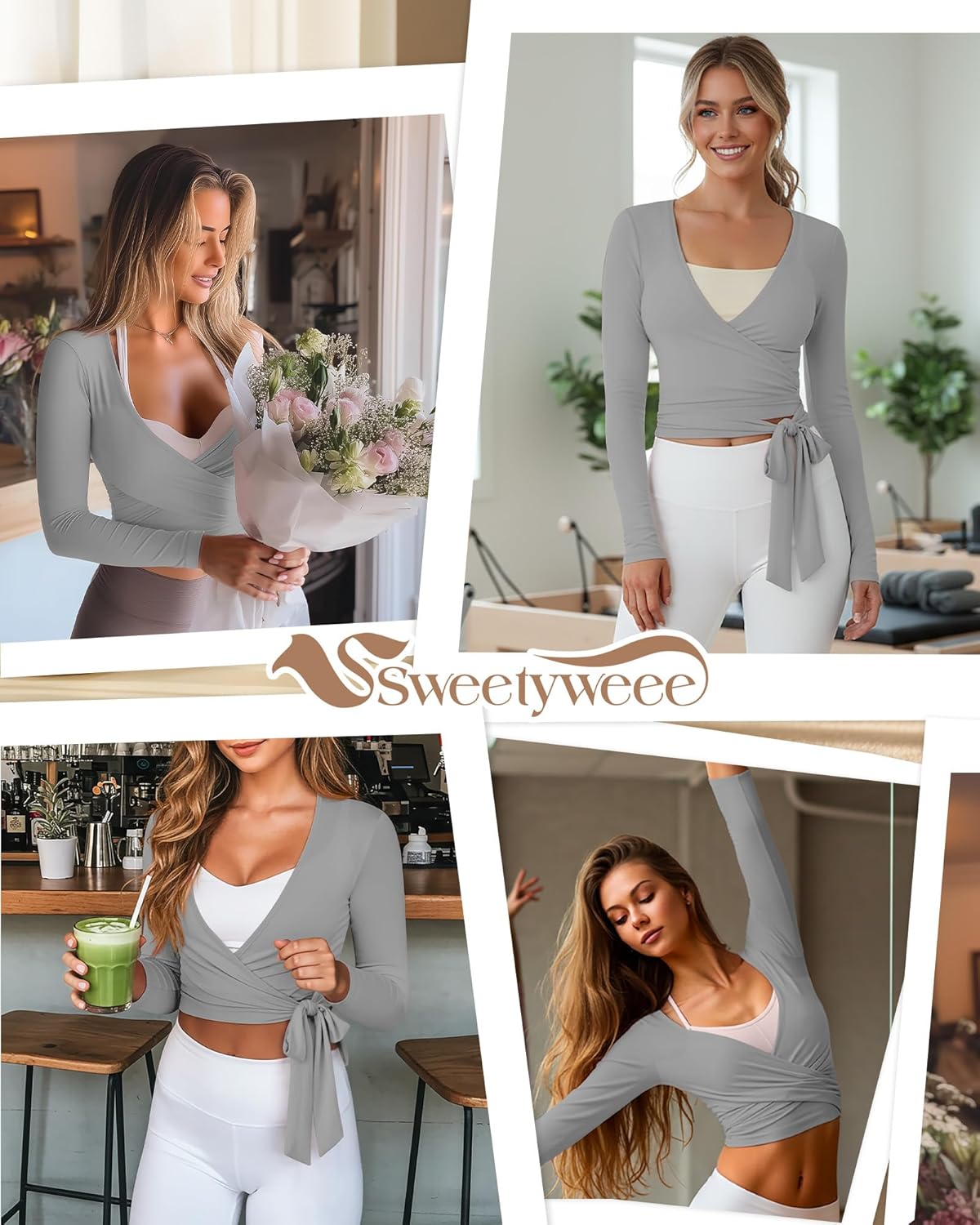 Women Wrap Tie Tops Lightweight Slim Fit Ballet Pilates Yoga Workout Active Shirts Long Sleeve V Neck Casual Tees - Image 3