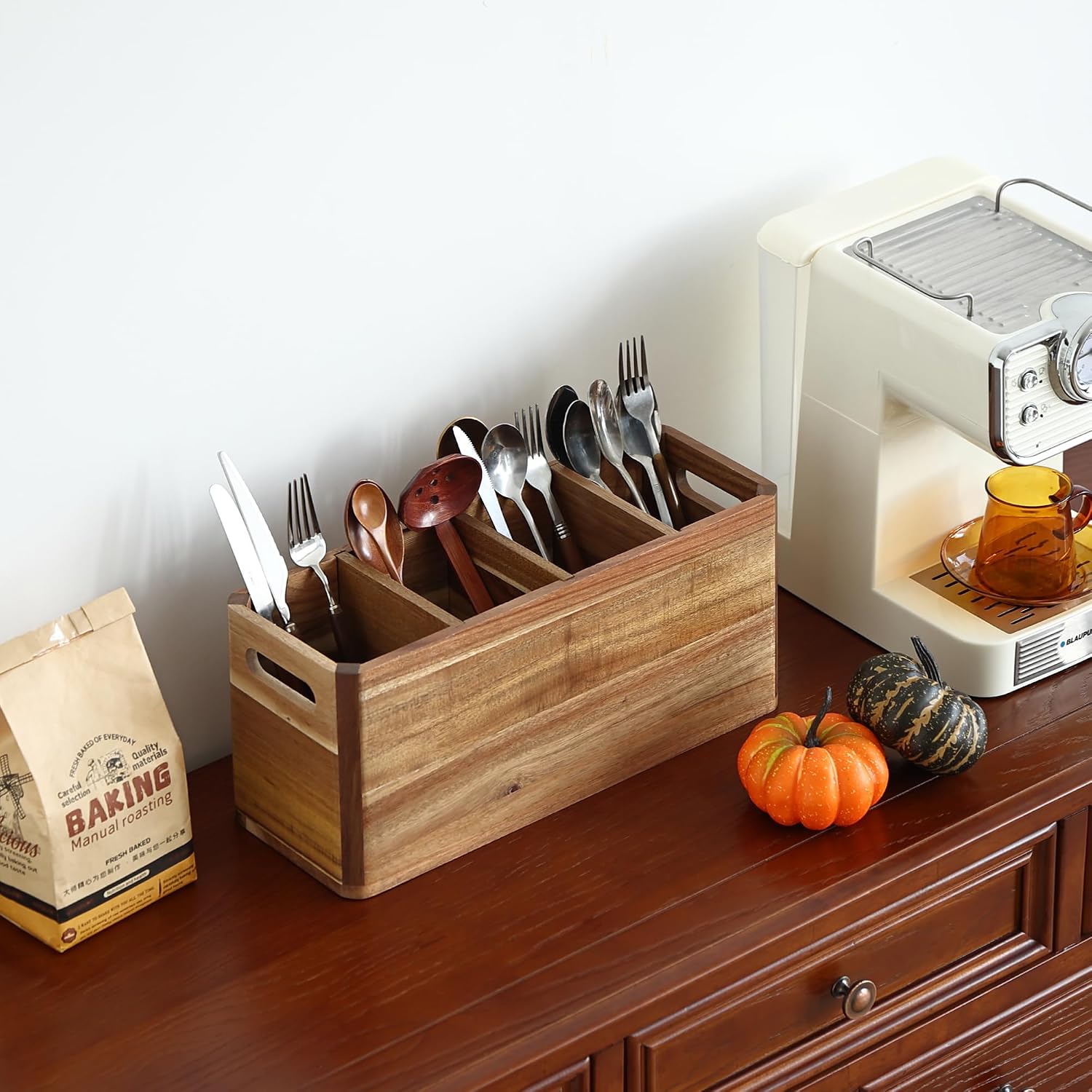 Kitchen Utensil Holder with 4 Compartments Utensil Organizer for Countertop Kitchen Spoon Holder Rustic Wooden Storage Organizer Box for Silverware Fork Spatula Acacia