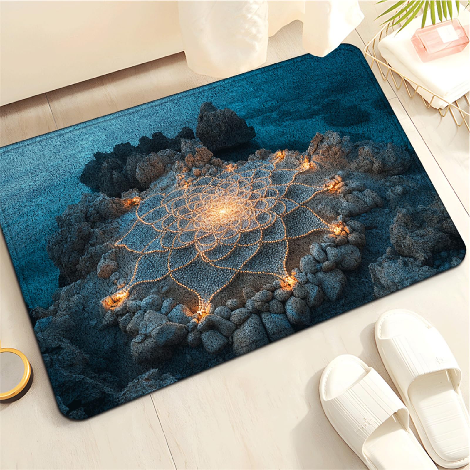 Alfombra Baño Mandala Azul Alfombras Ducha De Microfibra Ultra Suave Y Cómoda,Lavable A Máquina para Bañera, Ducha Y Baño