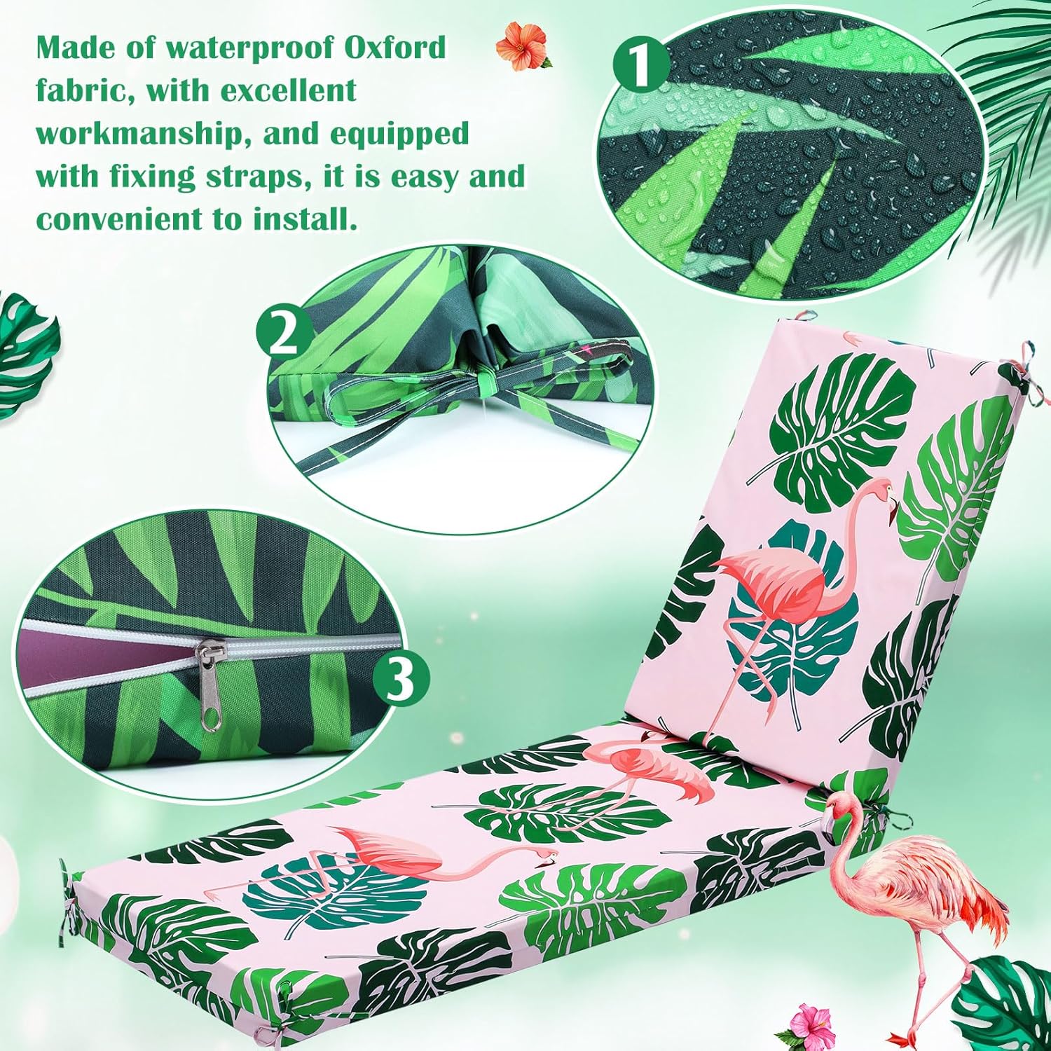 2 Pack Chaise Lounge Cushion Covers Outdoor (Not Includes Cushions) Waterproof Chair Cushion Replacement Covers 72 x 21 x 3 Inch for Patio Pool Lawn Slipcover with Ties(Tropical Rainforest)