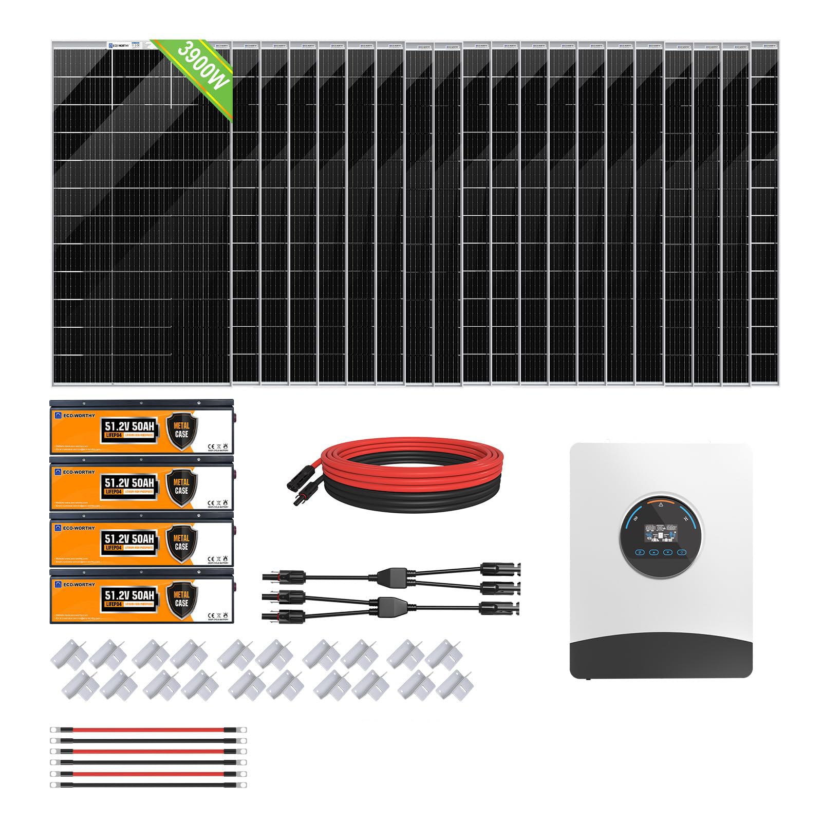 ECO-WORTHY 48V 3900W Solaranlage Komplettset mit LiFePO4,Photovoltaik Komplettanlage für Netzunabhängige: 20 * 195W Solarpanel + 4 * 48V 50Ah LiFePO4 +48V 6000W Hybrid Inverter