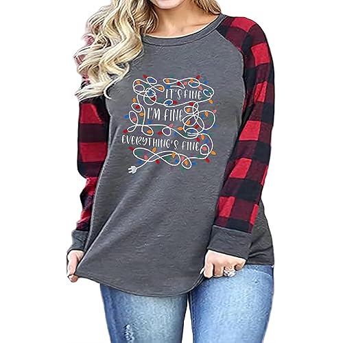 Plus Size Christmas Shirts for Women Raglan Plaid Tops Crew Neck Long Sleeve Tee Holiday Baseball Clothes