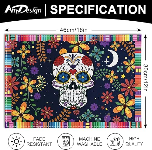 Miniatura 2 de AnyDesign Día de los Muertos - Manteles individuales de calavera, estilo mexicano, manteles individuales de flores coloridas con calavera,