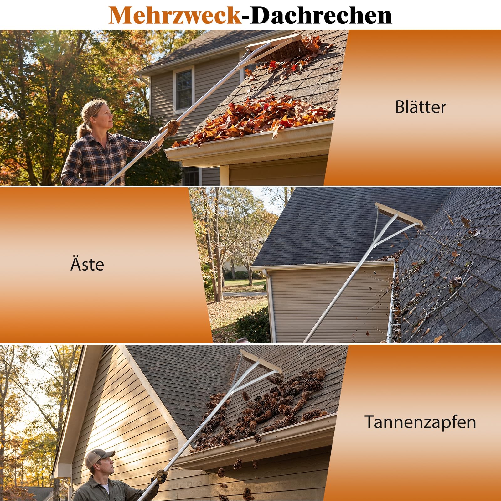 GYMAX verstellbares Dachbesen 165-626 cm, Gartenharke mit Bürstenkopf & Rutschfester Griff, Laubrechen für Landschaftspflege Gartenpflege