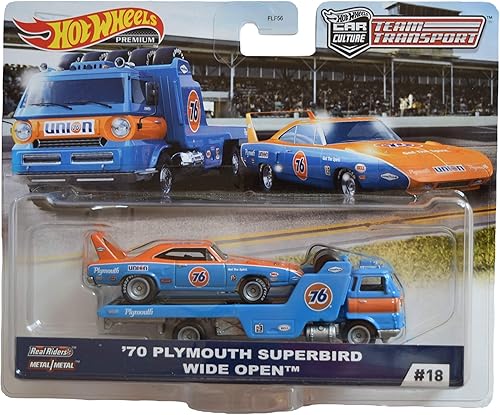 Hot Wheels '70 Plymouth Superbird Wide Open #18, Transporte del equipo azul