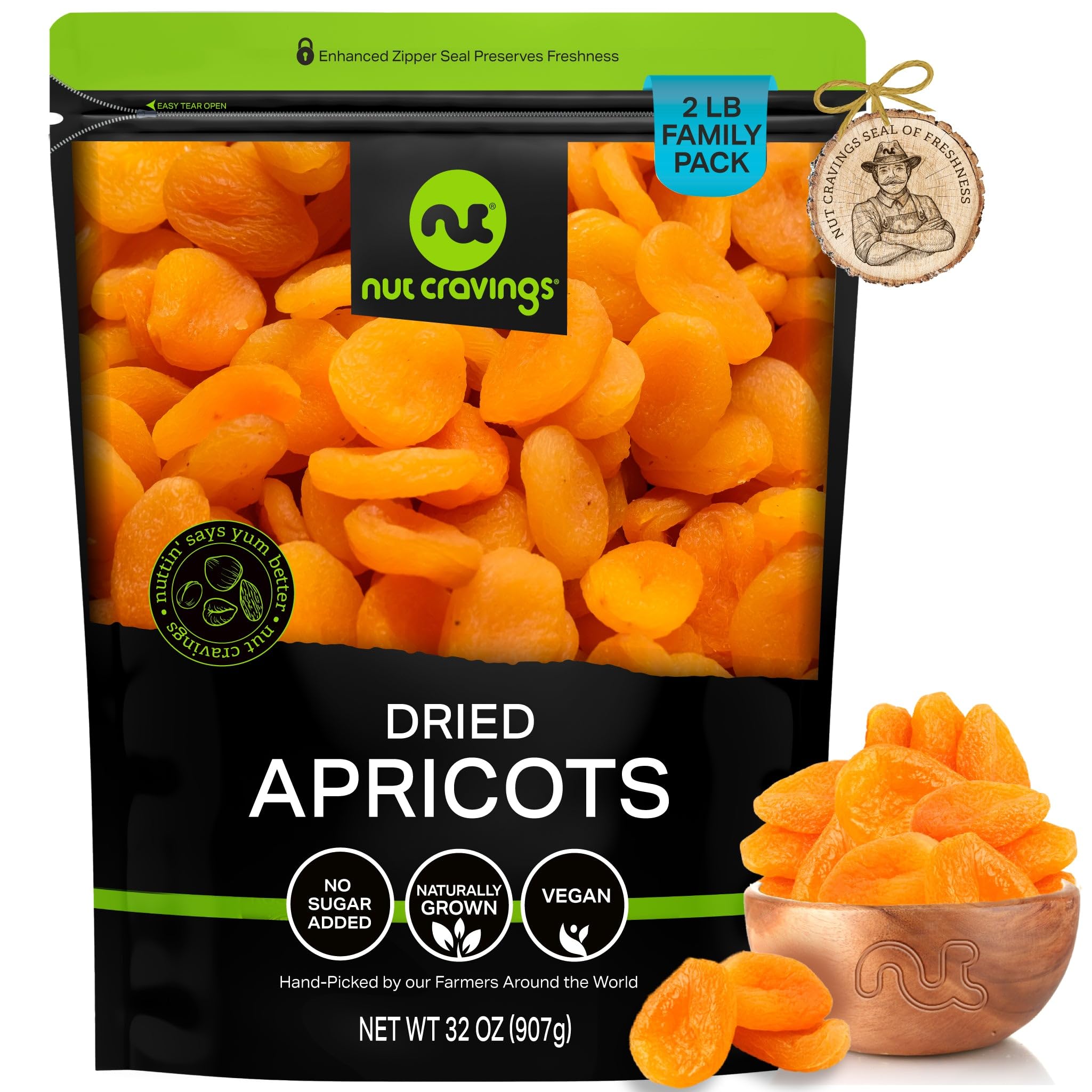 NUT CRAVINGS - Dried Turkish Apricots, No Sugar Added, Unsweetened (32oz, 2 LB) Sweet Healthy Snack, Vegan, Resealable Bag