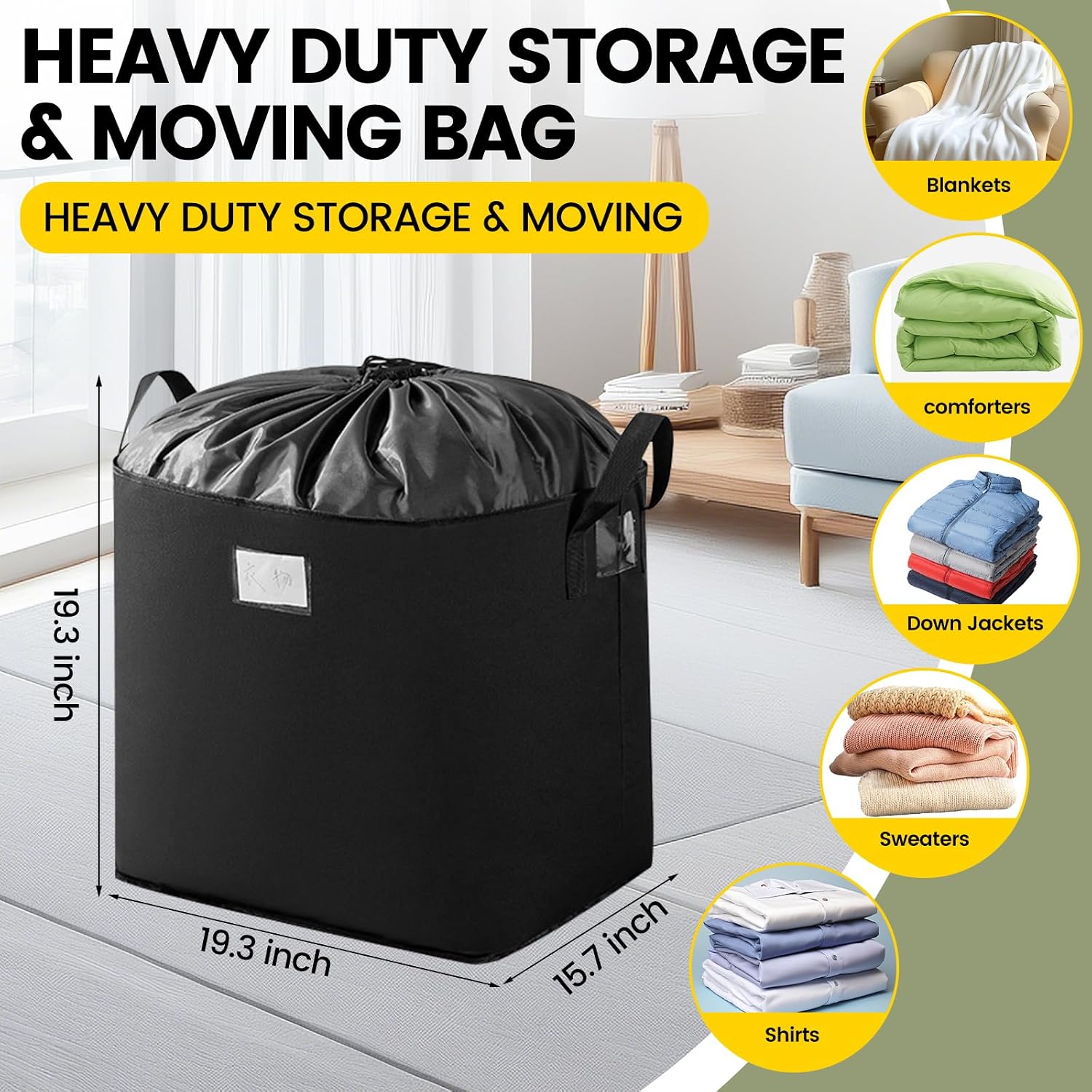 3 Pack Large Comforter Storage Bags, Clothes Storage Bags with Drawstring & Reinforced Handles, Heavy-Duty Moving Bags for Clothes, Blankets, Comforters &Pillows