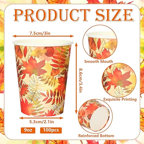 Miniatura 2 de Whaline 100 vasos de papel de hojas de arce otoñales desechables para acuarela, Acción de Gracias, coloridas hojas de otoño, tazas de fiesta para