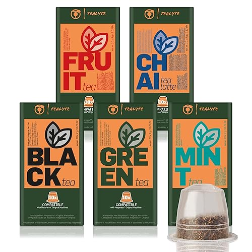 TEALYTE 50 cápsulas de té Nespresso compatibles, paquete variado I cápsulas de té verde I Chai Tea Pods I Black Tea I Fruit Tea I Mint Tea I