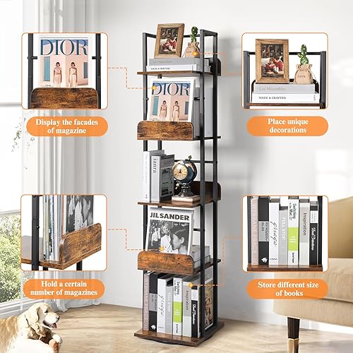 Miniatura 5 de Bikoney Rotating Bookshelf, 360 Display Spinning Bookshelf Tower, 5-Tier Narrow Bookcase, Tall Industrial Book Shelf Organizer, Small Corner Book
