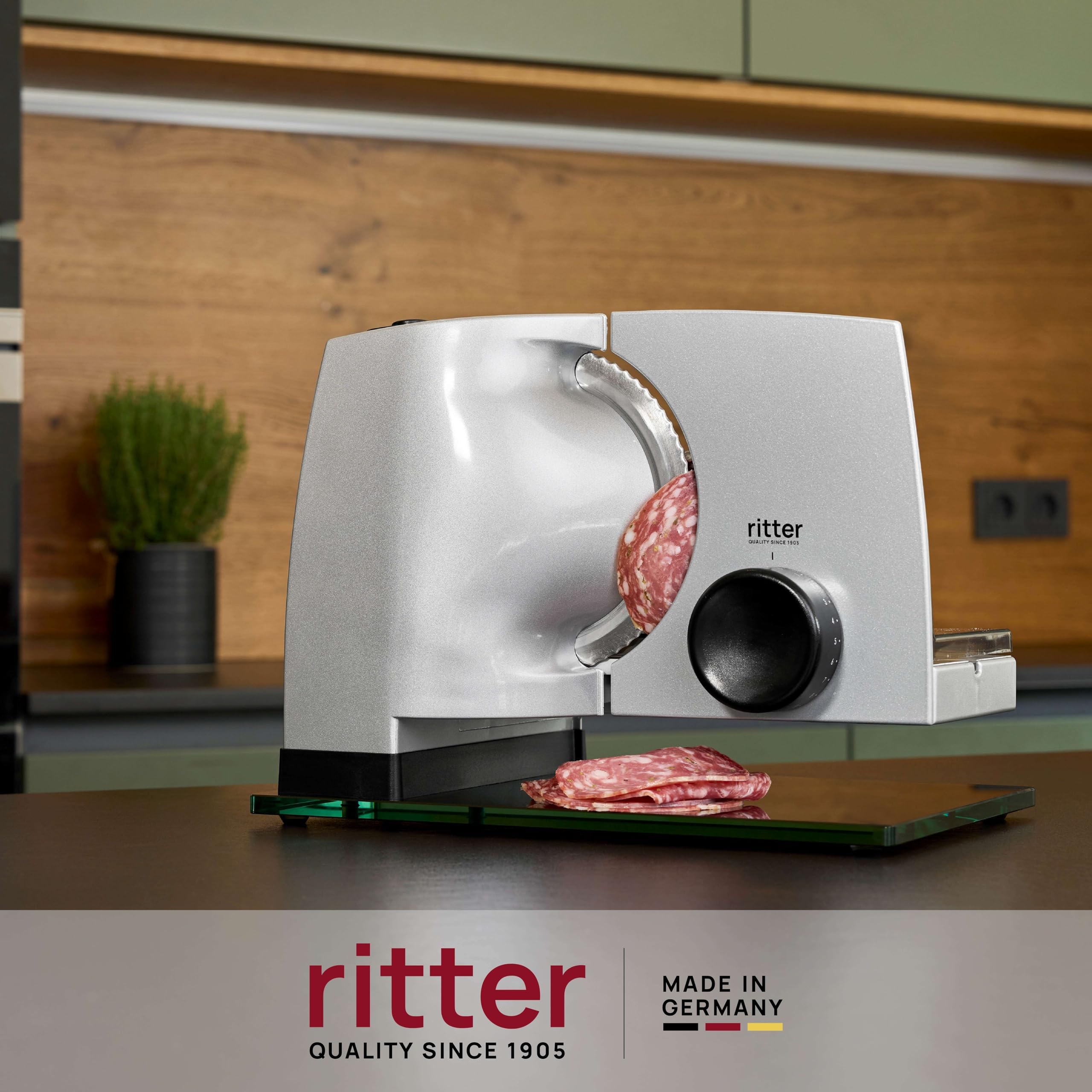 ritter 1, affettatrice elettrica con motore ECO, made in Germany, 65 W, Metallo, Argento Metallico