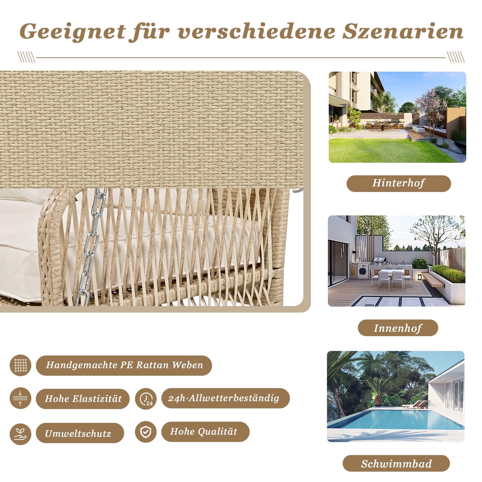 PE-rotan schommel, dubbele zitting, outdoor tuinschommel, hangstoel met kussen en 2 kettingen (240 cm/stuk), zonder frame, outdoor hangstoel met kussen, afneembaar en wasbaar (grijs