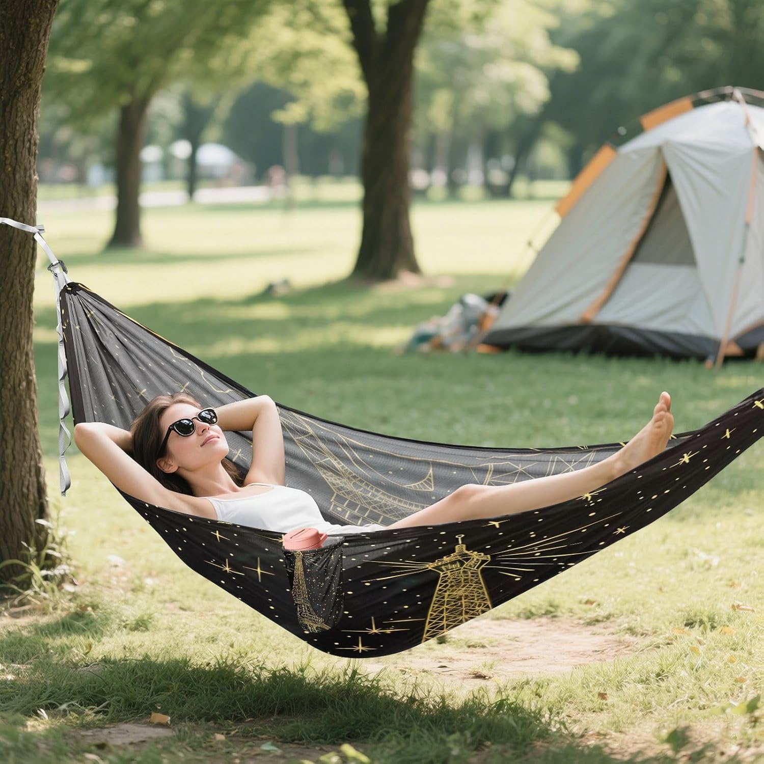 ALAZA Gold Eiffel Tower Starry Sky Camping Hammocks Single or 2 Person 500 lbs Portable Parachute Travel Hammock w/Tree Straps for Hiking Backpacking Indoor Outdoor