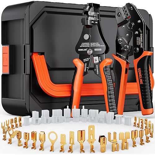 SOMELINE Spade Connector Crimping Tool Kit 24-14 AWG, 40 Types 2.8/4.8/6.3/7.8 mm Non-Insulated Spade Terminals and Terminal Housings - Open Barrel Crimping Tool, Ratchet Wire Crimper Tool