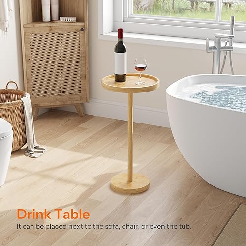 Miniatura 7 de HOOBRO Mesa auxiliar redonda pequeña, mesa de bebidas de bambú, mesa de café Martini con acento de pedestal para espacios pequeños en sala de estar