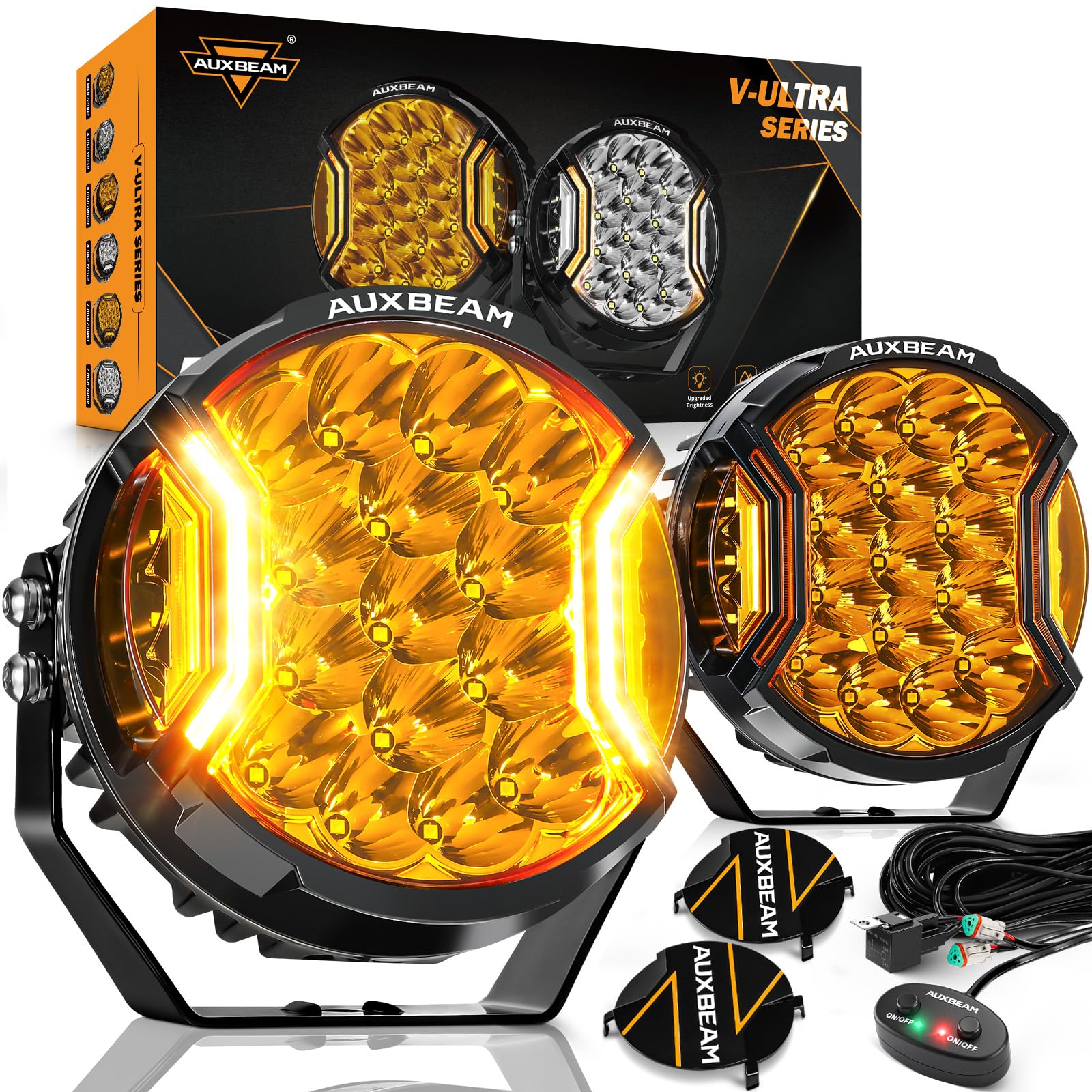 Auxbeam V-Ultra Series 7" 226W Side Shooter LED Offroad Lights, Amber DRL 3 Modes Light Bar, 270° Coverage Round LED Pods Spotlights, 26800LM Yellow Fog Lights with Protective Covers, Pair