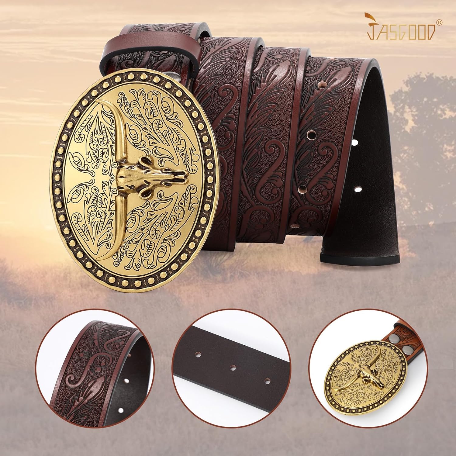JASGOOD Mens Western Cowboy Belt Buckles for Men,1.5" Wide Genuine Leather Belt Cowgirl Mens Leather Belt for Jeans - Image 8