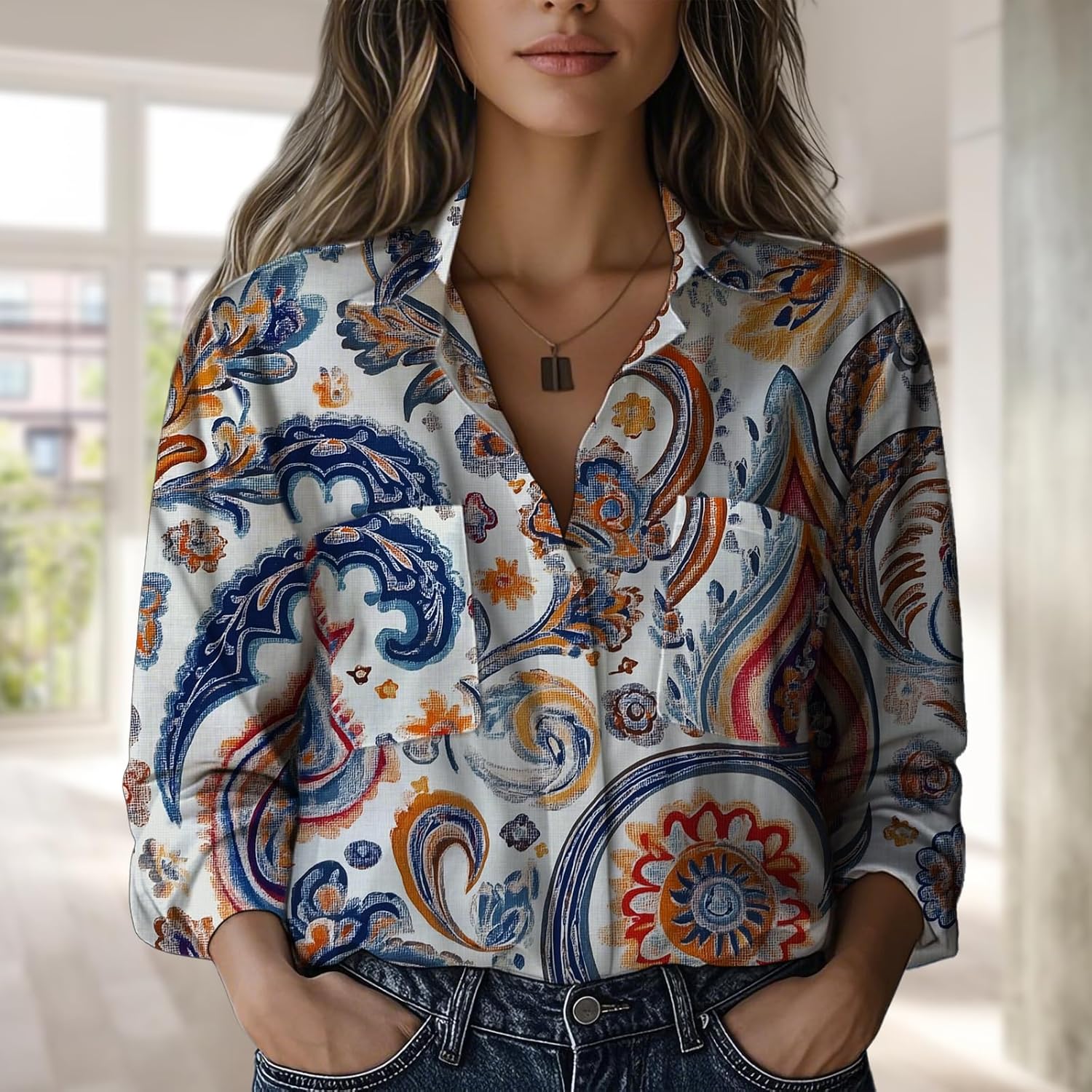 Shirts for Women 2025 Casual Long Sleeve V Neck Button Down Blouse Lightweight Oversized Loose Fitting Clothes - Image 2