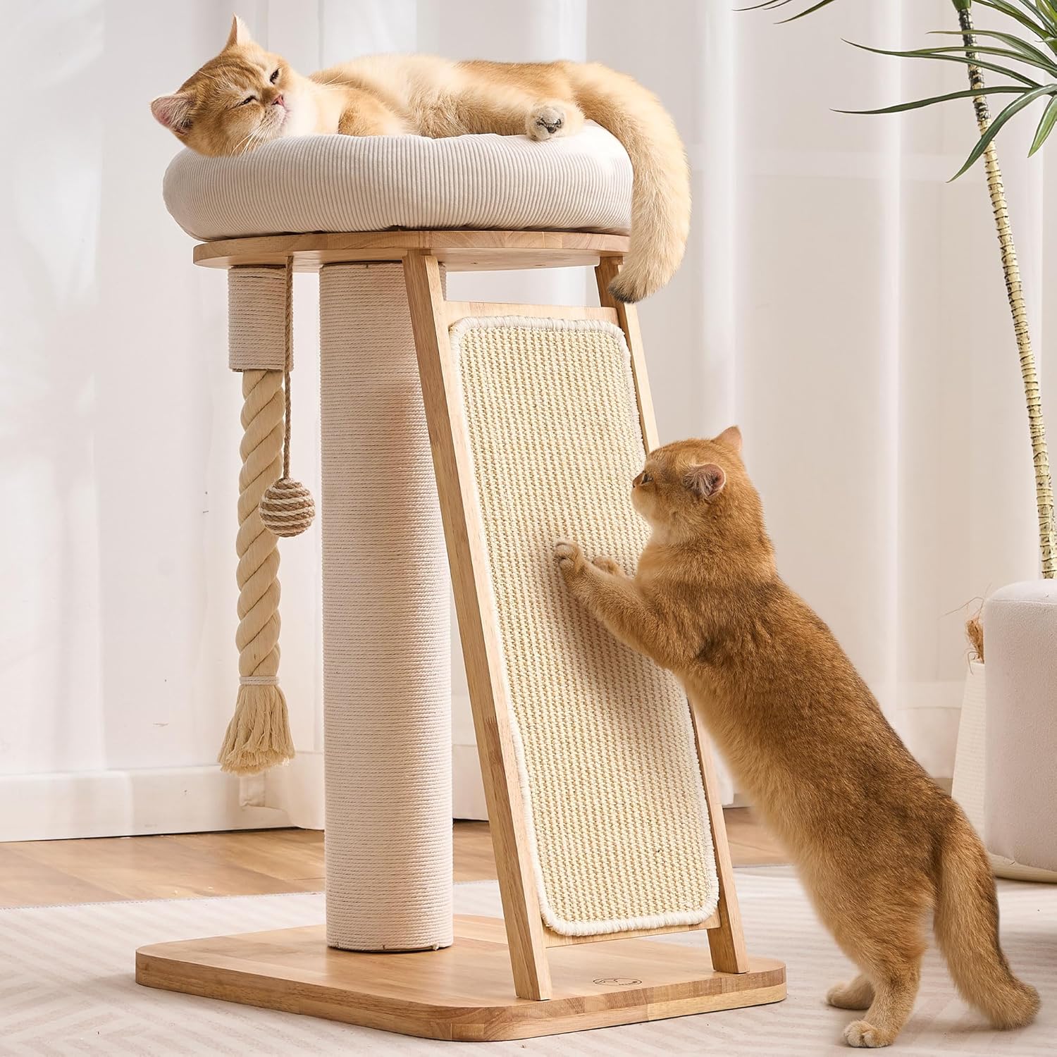 Modern Cat Tree Small Tower with Scratching Post for Indoor, Solid Wood Multifunctional Corner Cat Tree Tower with Bed, Dangling Ball,Interactive Rope, Scratching Board