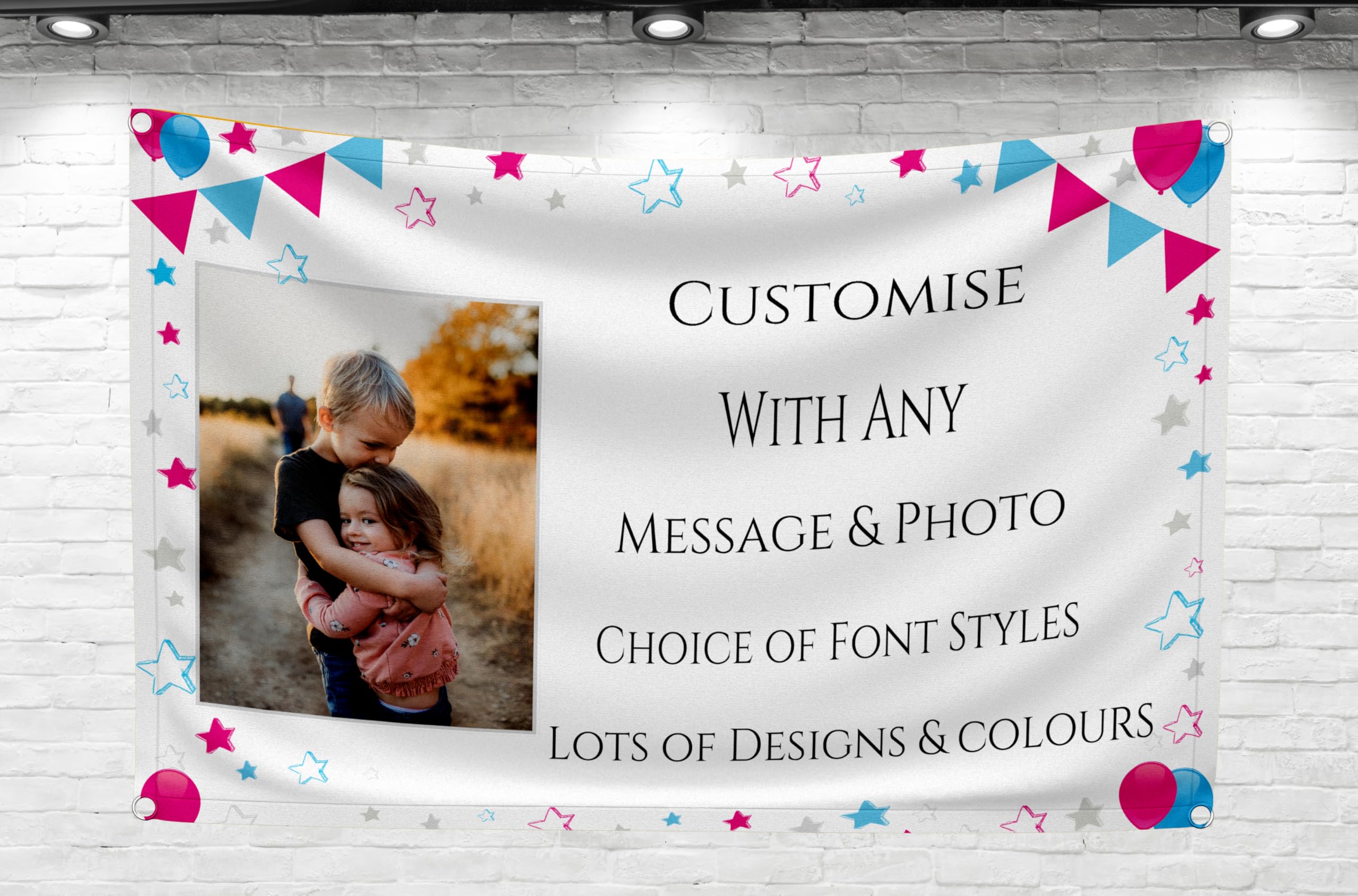 Large Personalised Backdrop Banner with Photo Any Occasion Happy Birthday Party Decorations for Boys or Girls Unisex Baby Gender Reveal Leaving Blue Pink Outdoor (Blue & Pink Stars, with PHOTO)