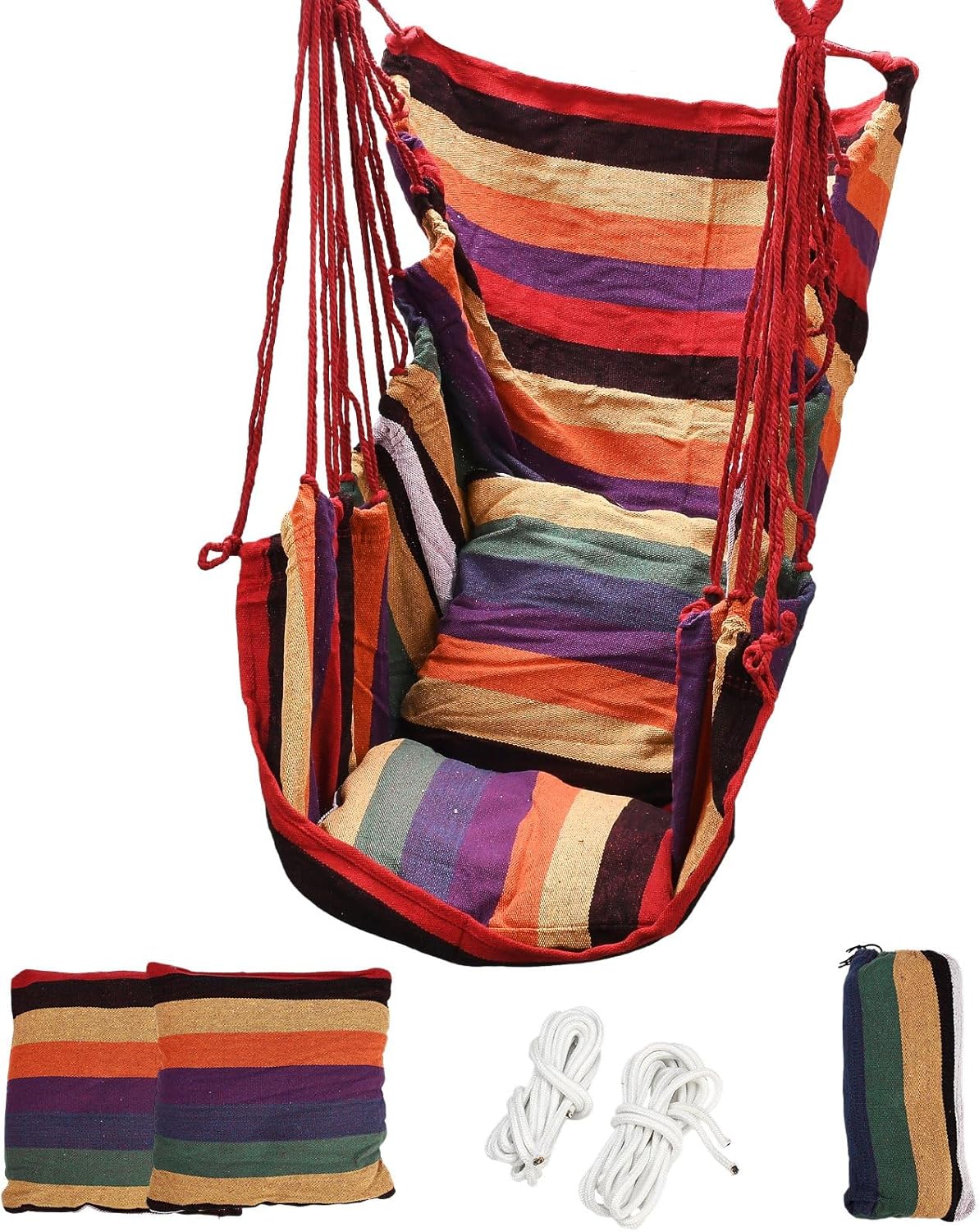 JSCARLIFE Hammock Chair Hanging Swing with 2 Pillows & Side Pocket, Soft Cotton Tassel Rope Chair with Heavy-Duty Straps & Hooks - Indoor Outdoor Porch Bedroom Patio Garden Relaxation Seat (Brown)