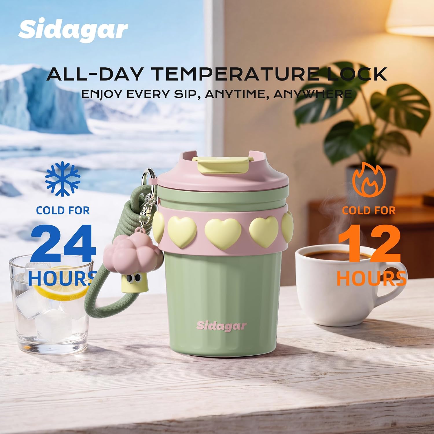 12 oz Insulated Coffee Tumbler with Lid, Cute Travel Mug, Green