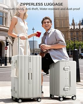 Hanke Premium 24 Inch Zipperless Medium Checked Luggage, Aluminum Frame Hard Shell PC Suitcase with TSA Lock and Multi-Handle Design, 8 Quiet Spinner Wheels for 1-2 Week Trip(White)