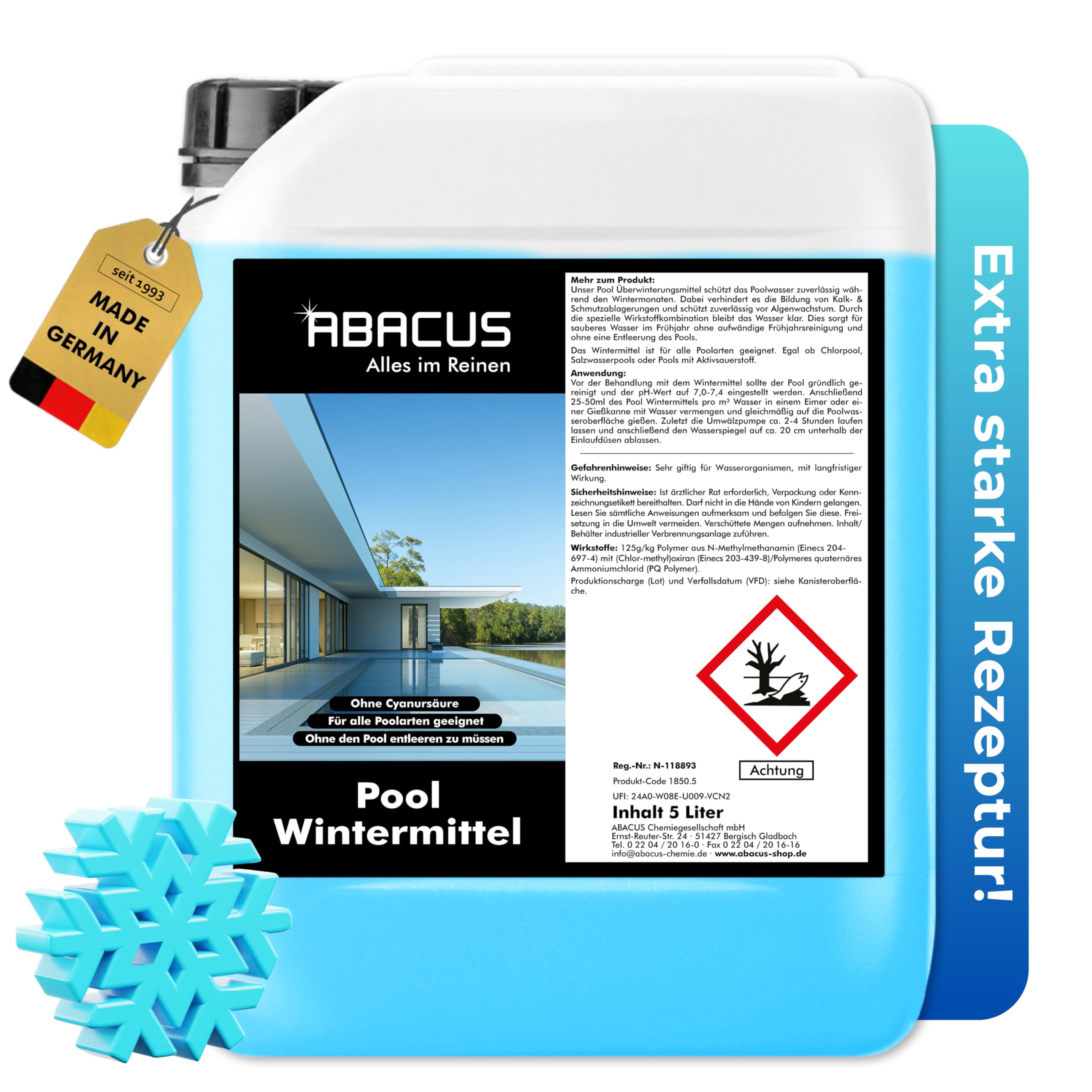 ABACUS® Pool Wintermittel – Überwinterungsmittel gegen Algen & Kalk – 5L Kanister Winterfit für klares Wasser im Winter – Schaumfreies Überwinterungskonzentrat zum Winterfest-Machen vom Pool