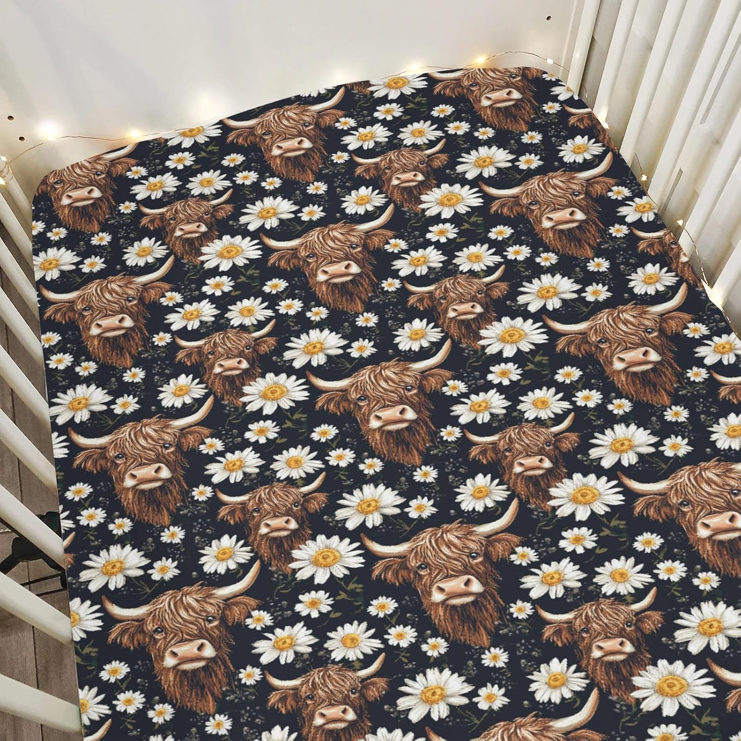 Vintage Highland Cows Daisy Baby Crib Sheets for Boy Girl 52x28Inch Retro Highland Yak Boho Floral Soft Stretchy Fitted Crib Mattress Cover Farm Baby Sheet for Standard Crib and Toddler Bed Mattress