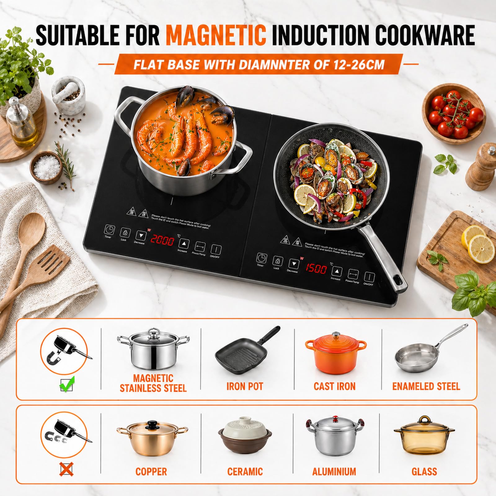 AMZCHEF Plaque Induction 2 Feux, Table de Cuisson 3500 W, 20 Niveaux de Température, Minuterie 3 Heures