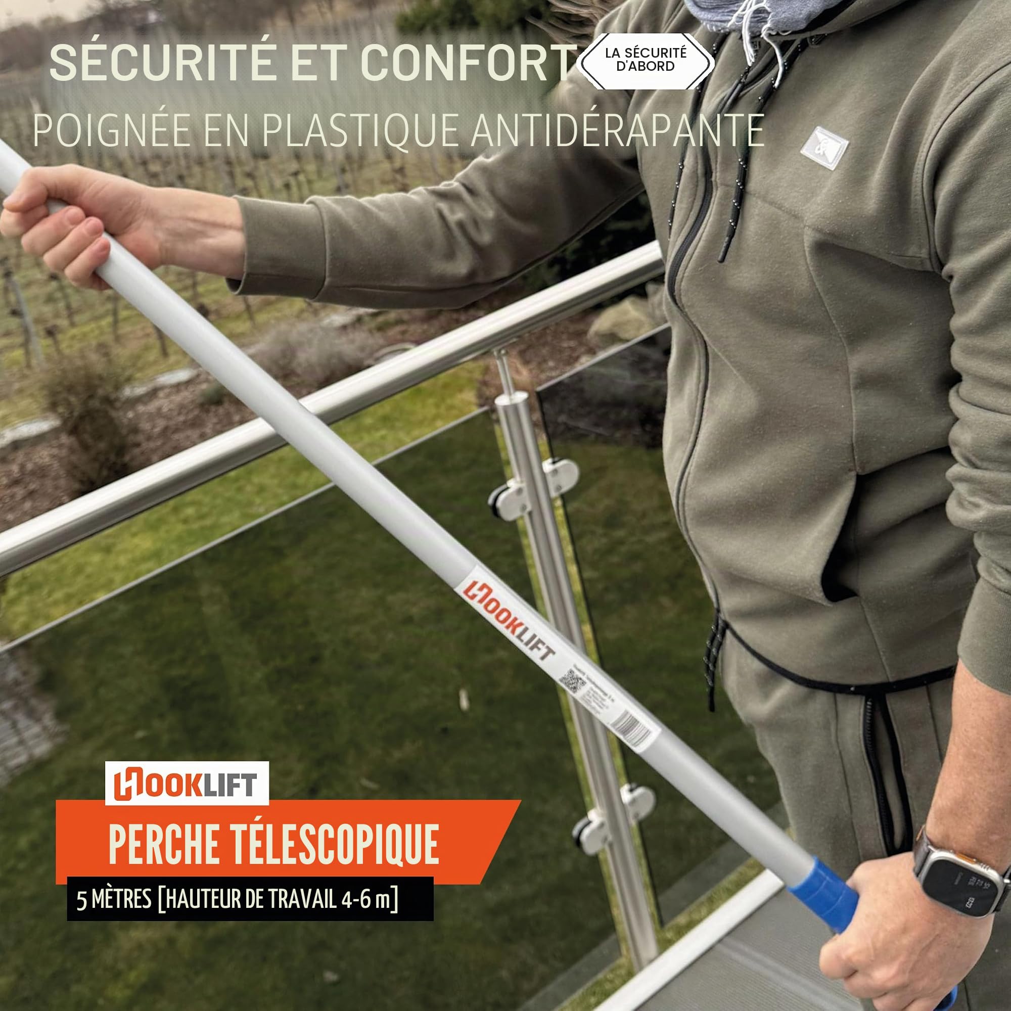 La plus courte barre télescopique en aluminium de 5 m avec adaptateur, réglable en continu de 154 à 505 cm ; idéale pour le nouveau système de crochets magnétiques et pour d'autres