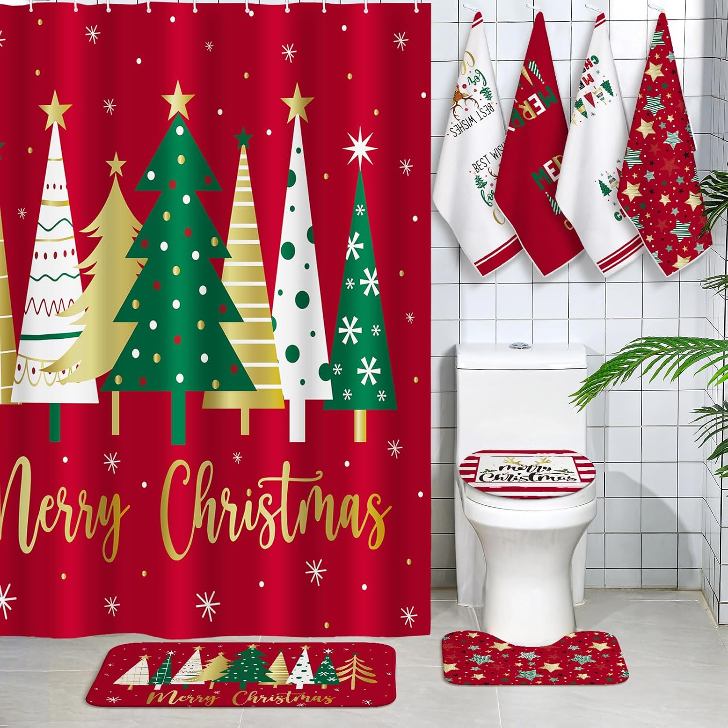 Honoson 8 Pcs Christmas Shower Curtain Set with Rugs and Kitchen Towels Farmhouse Christmas Tree Shower Curtain Bathroom Set for Farmhouse Country Summer Halloween Housewarming Gifts Decor