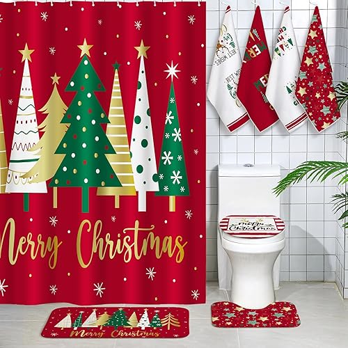 Honoson Juego de 8 cortinas de ducha de Navidad con alfombras y toallas de cocina, cortina de ducha para árbol de Navidad, juego de baño para casa