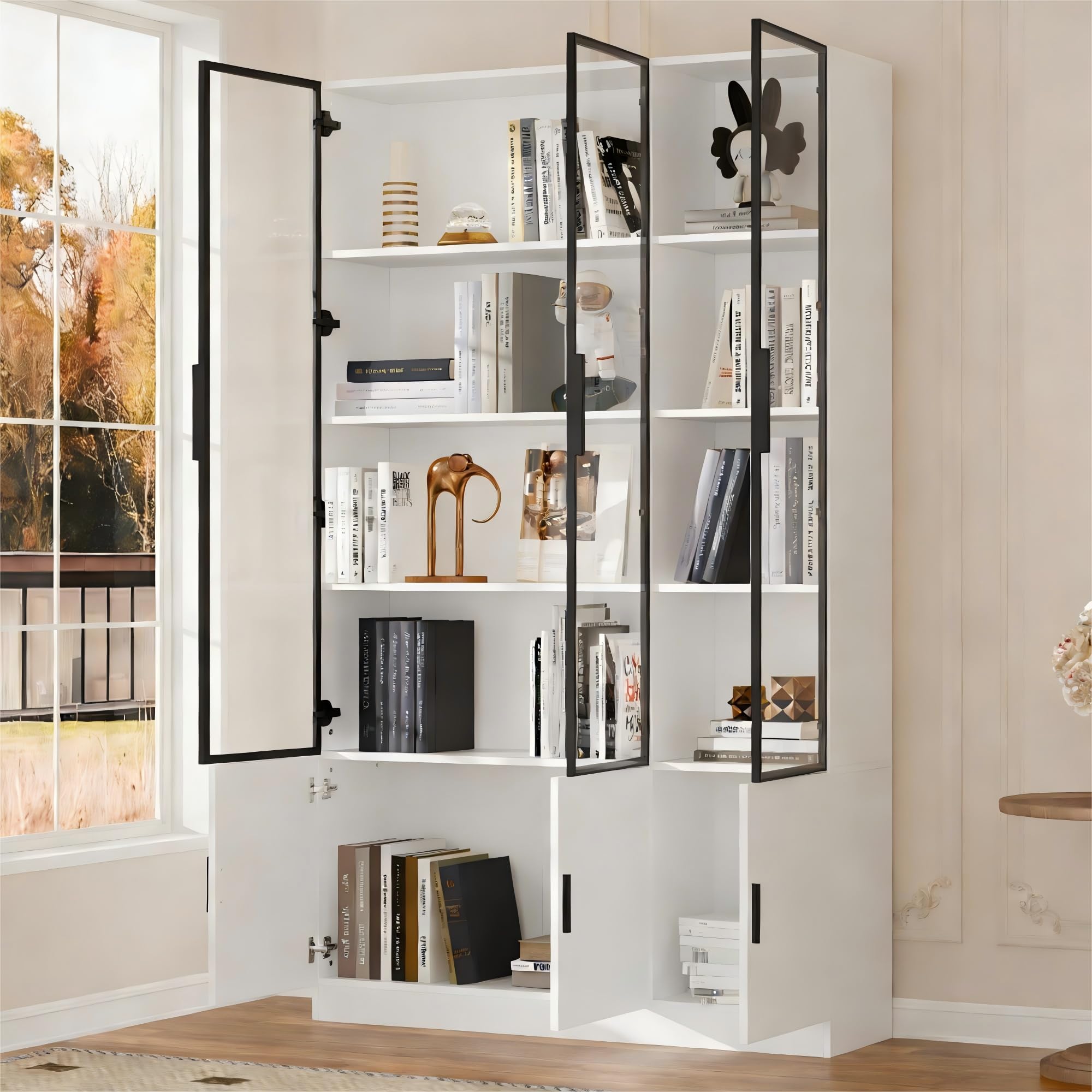 SACOOL Vetrina da 120 x 32 x 200 cm, con 6 ante per armadi, in vetro con LED, 120 cm di larghezza, armadietto multifunzione, grande armadio, bianco