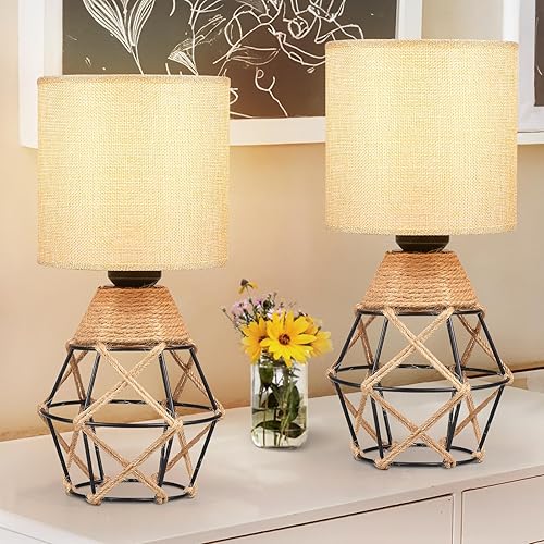 Miniatura 10 de Hamilyeah Juego de 2 lámparas de mesa, lámparas tejidas para mesita de noche con interruptor de encendidoapagado, lámparas de noche de granja con