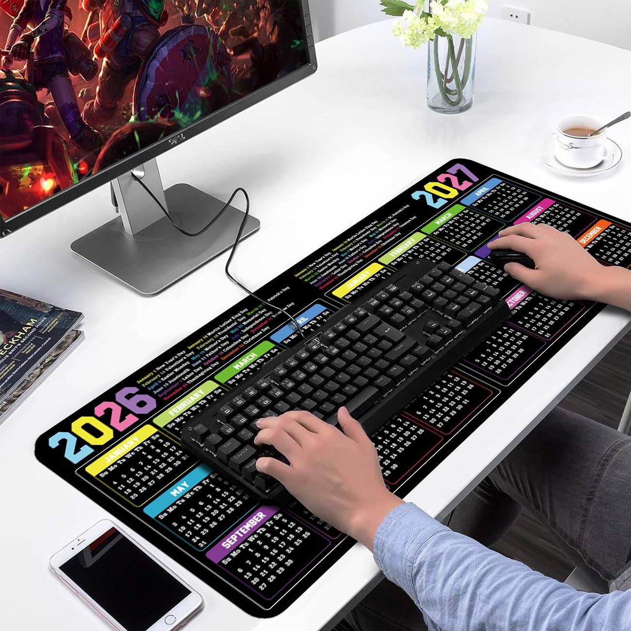 2026-2027 Calendar Mouse Pad with Holiday,Large Gaming Mousepad for Computer Desk Pad Mat,New Year Office Accessories (31.5 X 11.8 Inch) - Colorful Black image 5