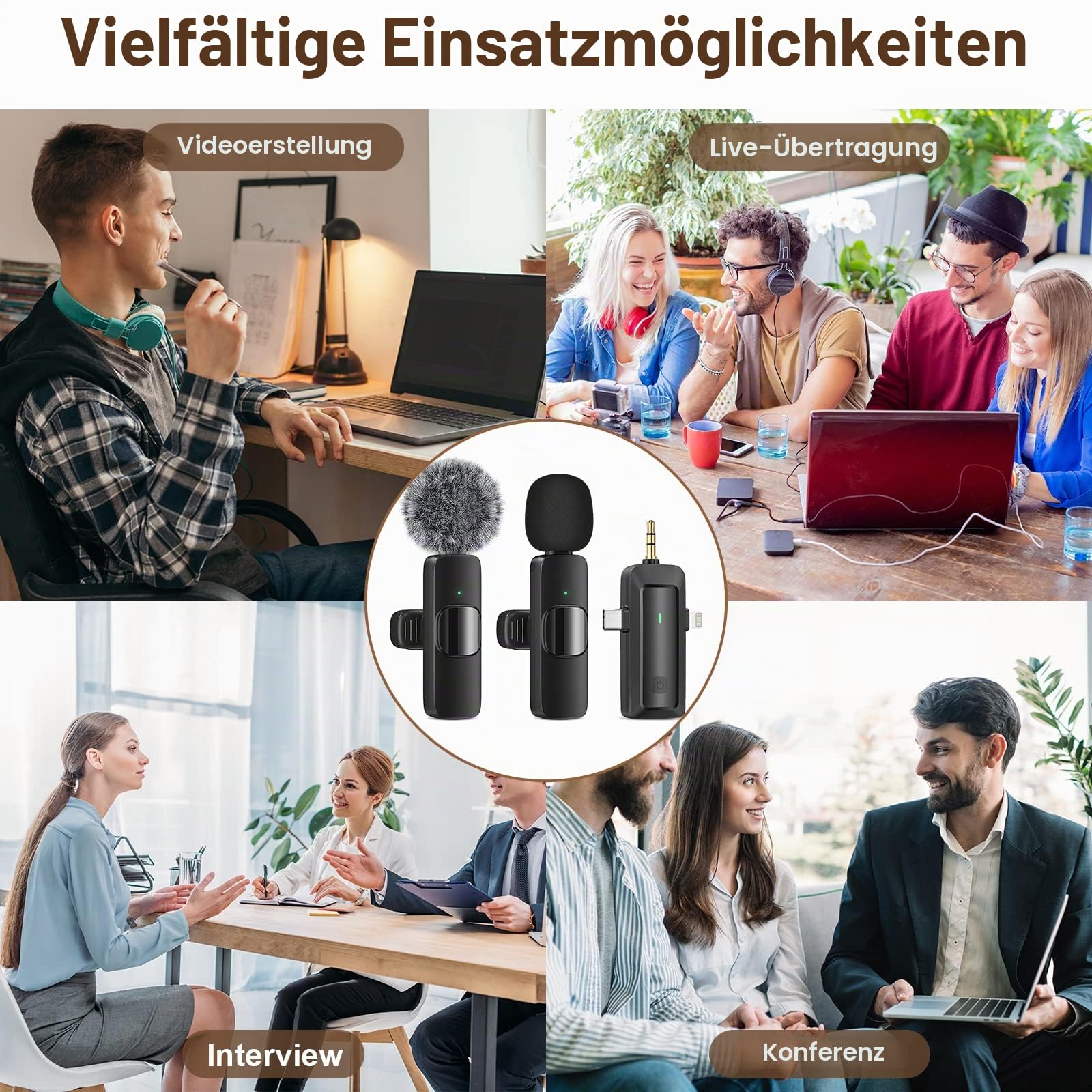 HMKCH Kabelloses Lavalier Mikrofon für iPhone/Android Telefon/Kamera/Computer/Laptop, Professionelles Mini Ansteckmikrofon mit USB-C/3,5 mm/USB-Stecker für Videoaufzeichnung, Vlog, YouTube, TikTok