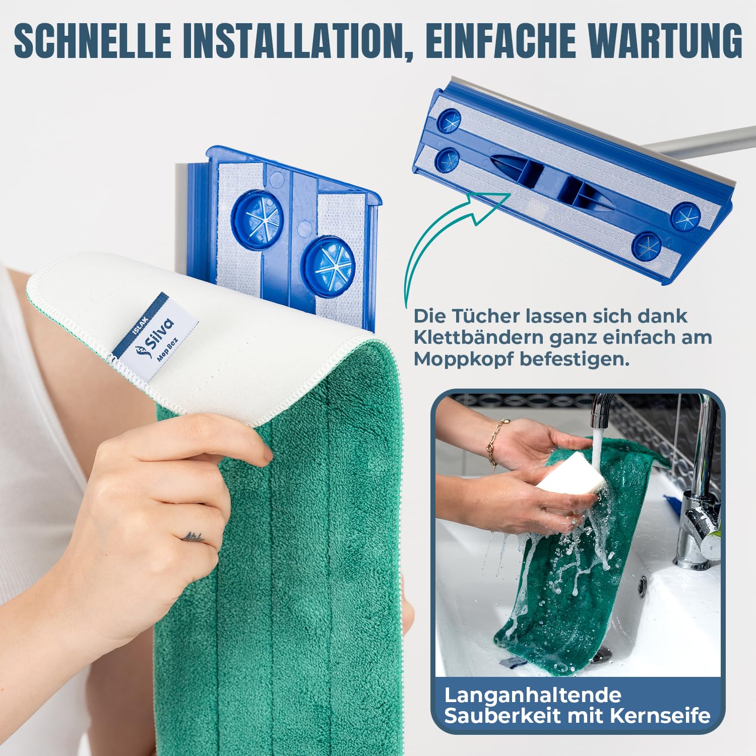 [Test SEHR GUT, Note 1.0*] Silva Ergonomischer Bodenwischer mit Teleskopstiel 90–156 cm | Mikrofaser Wischmopp Set mit 3 Bezügen (nass, trocken, Wand) | 360° Drehgelenk, für Fliesen, Parkett & Fenster