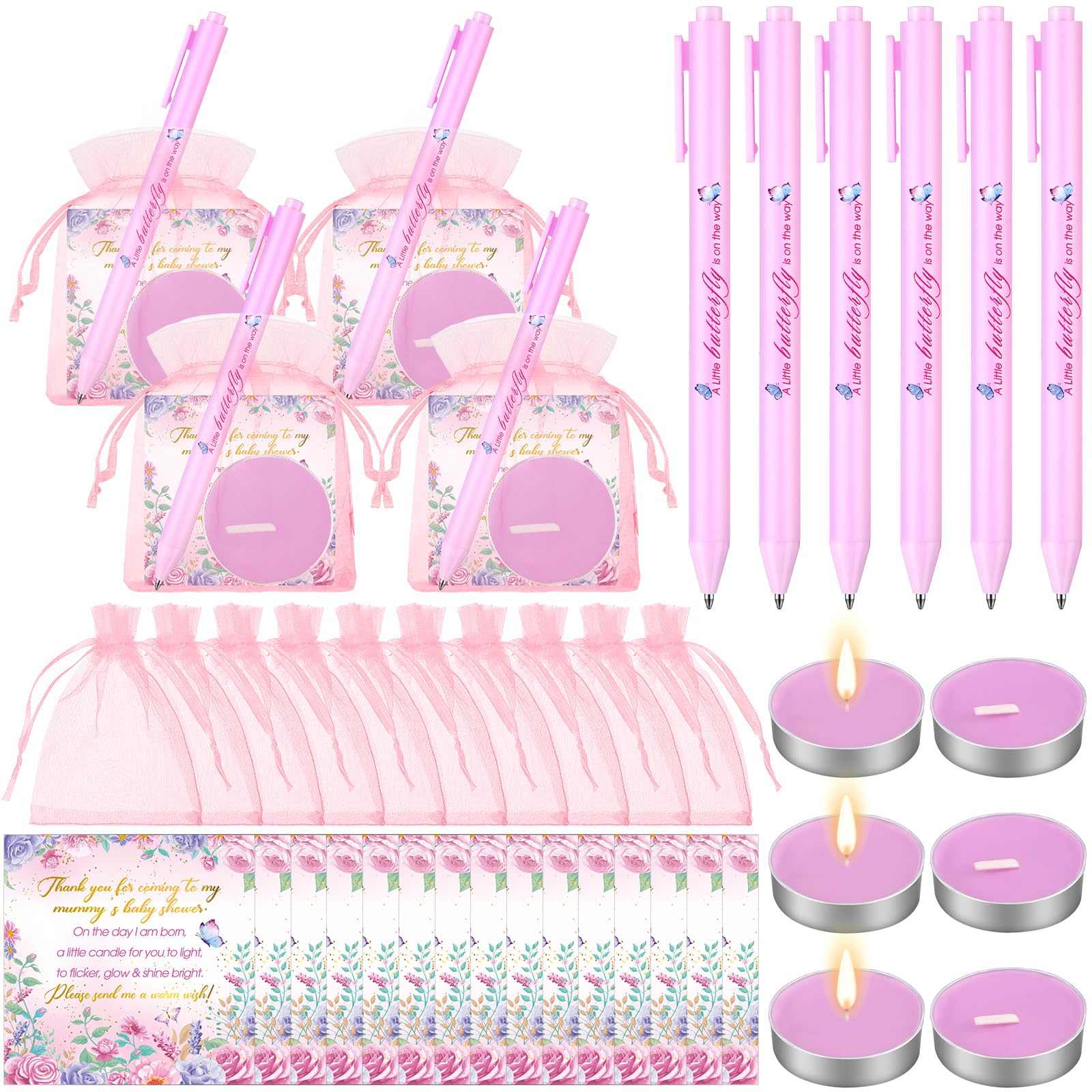 Qilery 50 Sets Baby Shower Favors for Guests Includes 50 Tea Light Candles 50 Retractable Ballpoint Pen 50 Gift Bags 50 Thank Tags for Birthday Favors Supplies (Butterfly)