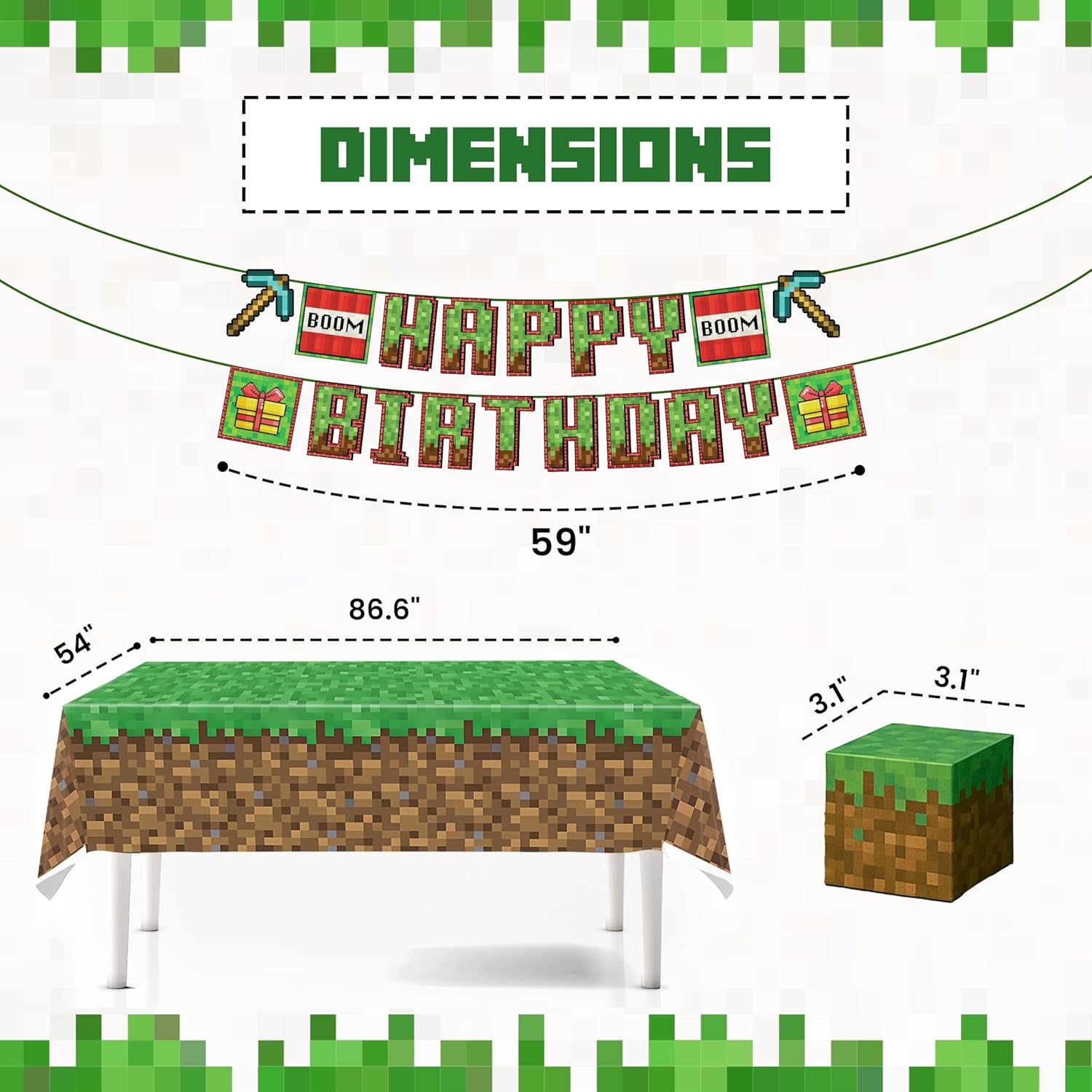 Pixel Happy Birthday Backdrop 6x4ft with 27 Pcs Miner Happy Birthday Banner Pre-strung 10ft Pixel Miner Table Cover 2 Pcs 108"x108" Treat Boxes 24 Pcs Pixel Video Game Birthday Decorations Set