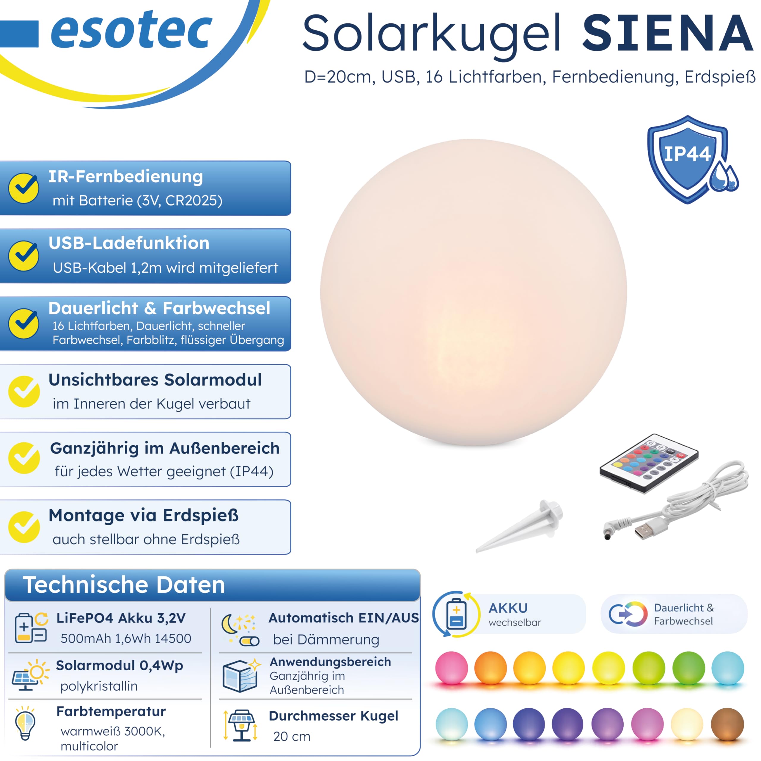 Esotec Siena 102890 Boule solaire d'extérieur Ø 20 cm avec télécommande 11 couleurs de lumière Charge USB IP44
