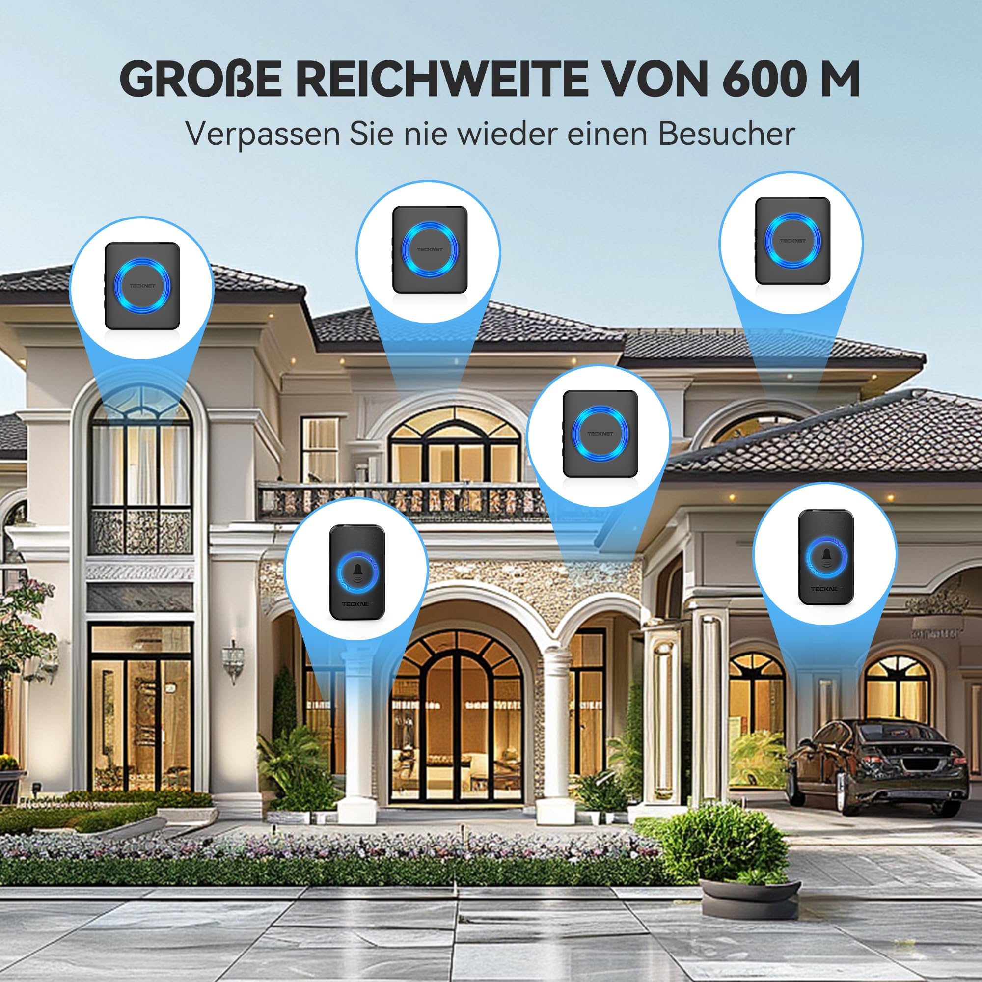 TECKNET Funkklingel, IP65 Funk klingel Set Aussen Wasserdicht, Kabellose Türklingel 600m Reichweite, Haustür Klingel 2 Sender 4 Plug-In-Empfänger, 60 Melodien Doorbell und Klingelknopf Mit LED-Blitz