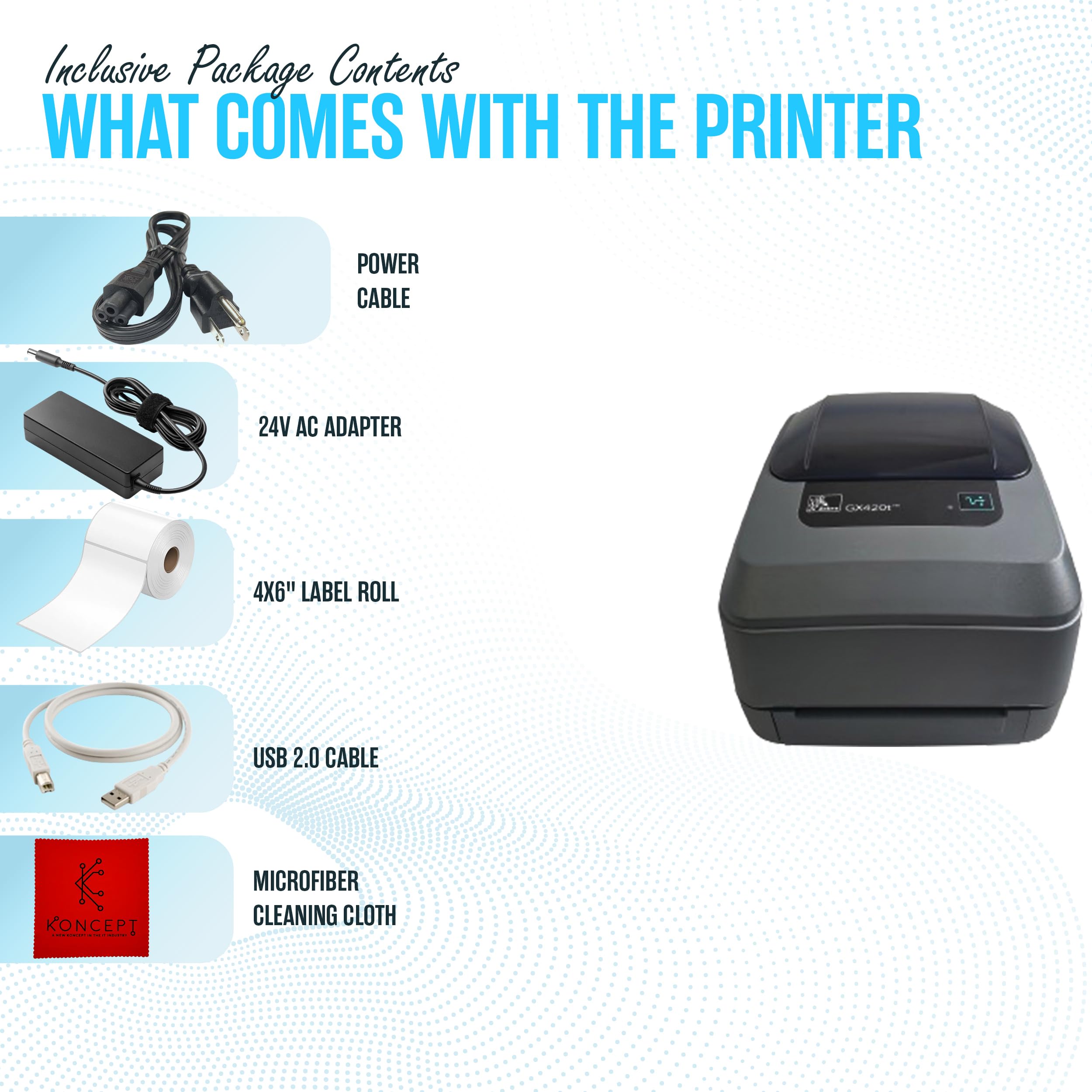 GX420T Zebra Direct Thermal Label Printer Bundle with 24V AC Adapter, USB 2.0 Cable, 4x6 Label Roll & Microfiber Cleaning Cloth- Ethernet Connectivity (Renewed)