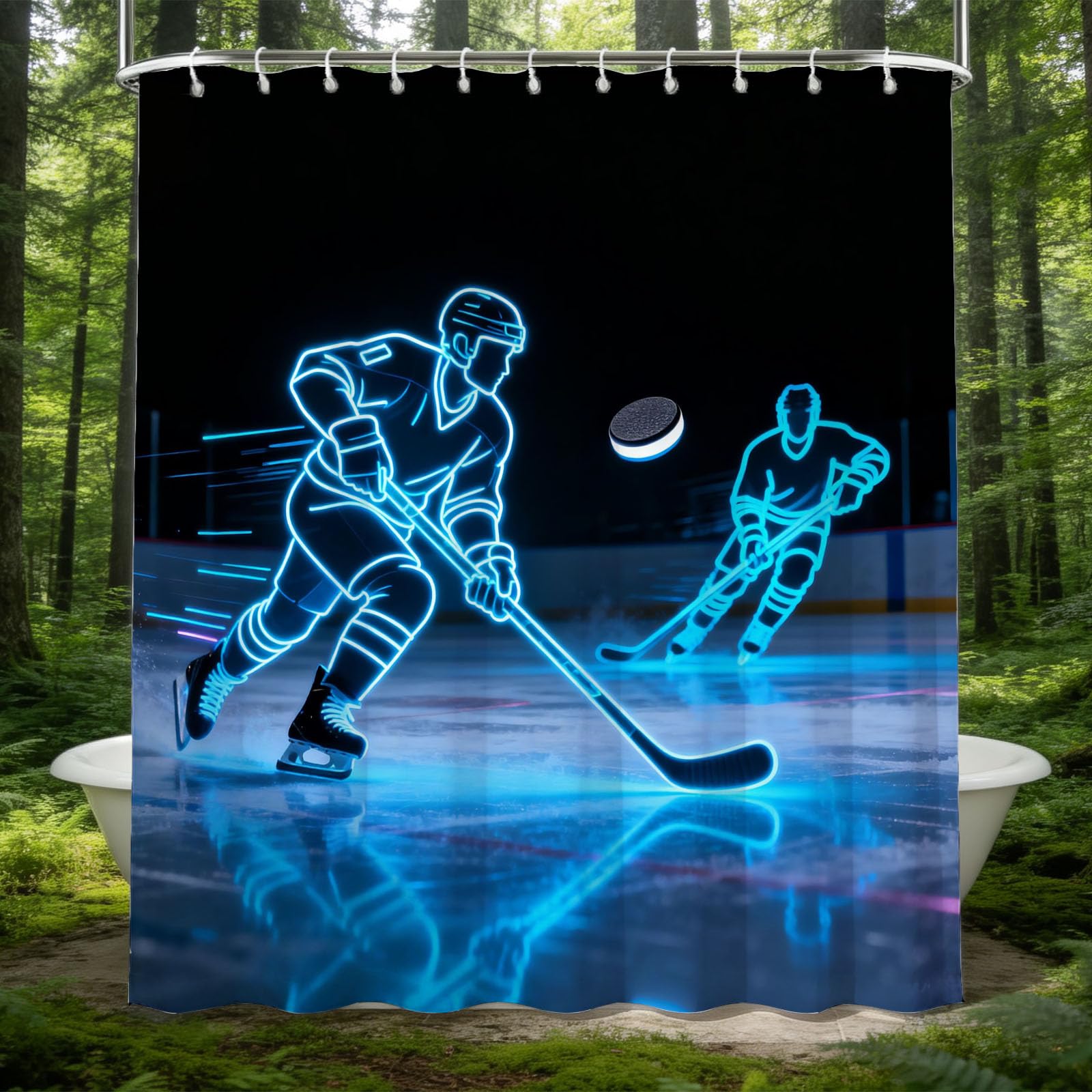 Hongduo 3D Puck Sports Shower Curtain for Stalls Bathtubs Sports Theme Bathroom Decor Shower Curtain Set Polyester Fabric Waterproof 200x200cm/79X79 Inch with Hooks