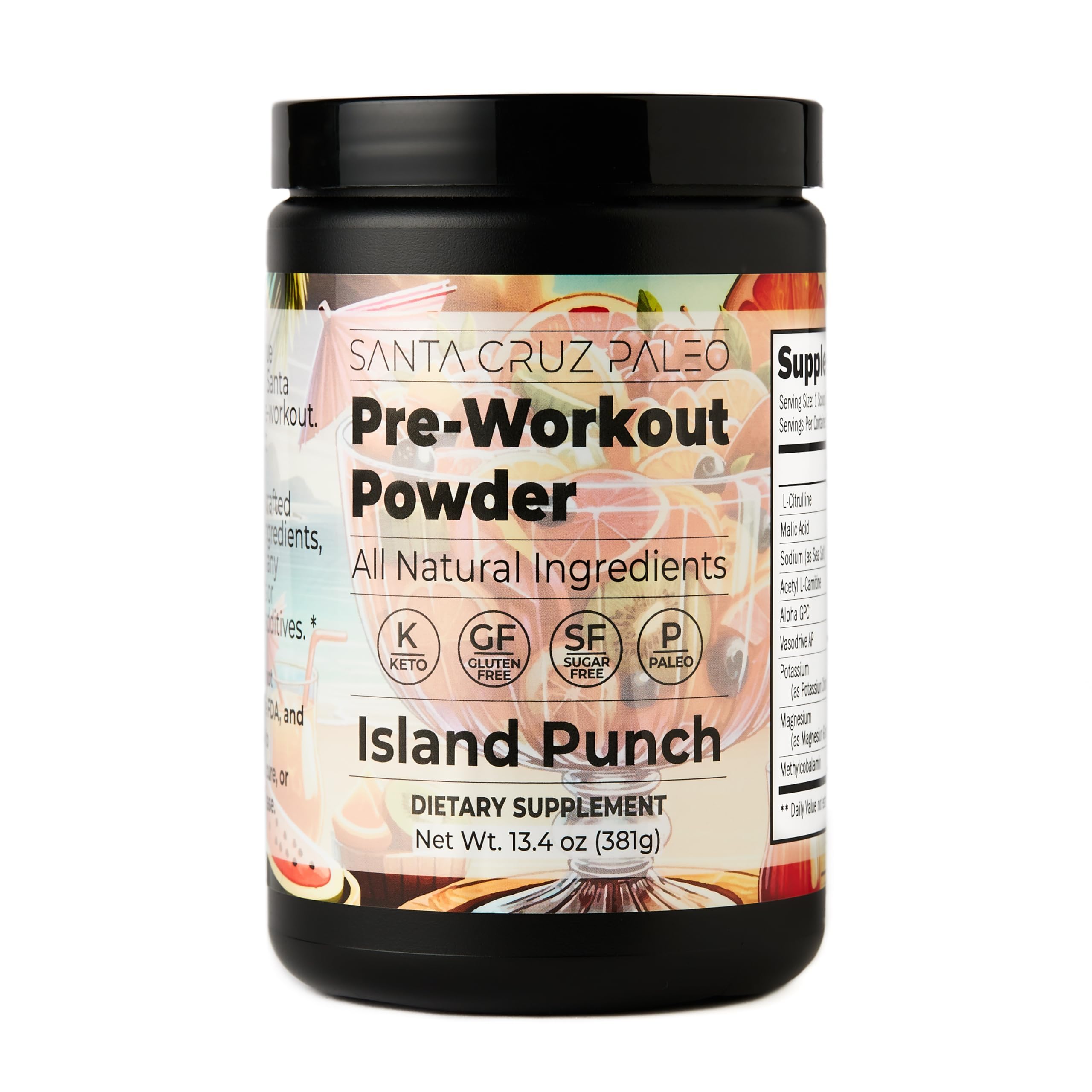 Santa Cruz Paleo Pre Workout Powder Electrolytes, Magnesium, Potassium, Sea Salt & L Citrulline, Caffeine & Sugar Free Preworkout Drink Mix for Energy & Hydration, Island Punch Flavor, 30 Servings