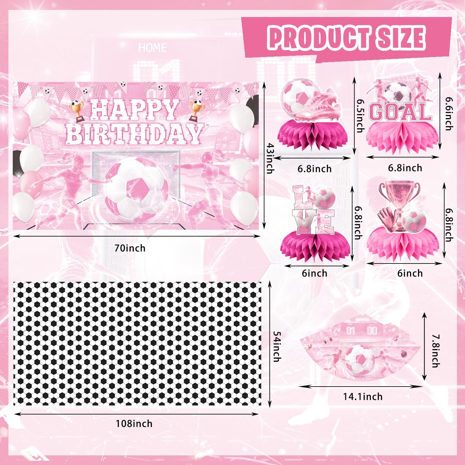 KOTLMIGHT Soccer Party Decorations for Girls, 172Pcs Pink Girl Soccer Ball Birthday Party Decor Supplies - Backdrop, Sticker, Balloons, Tablecloth, Hanging Swirls, Hat, Centerpieces, Wall Signs