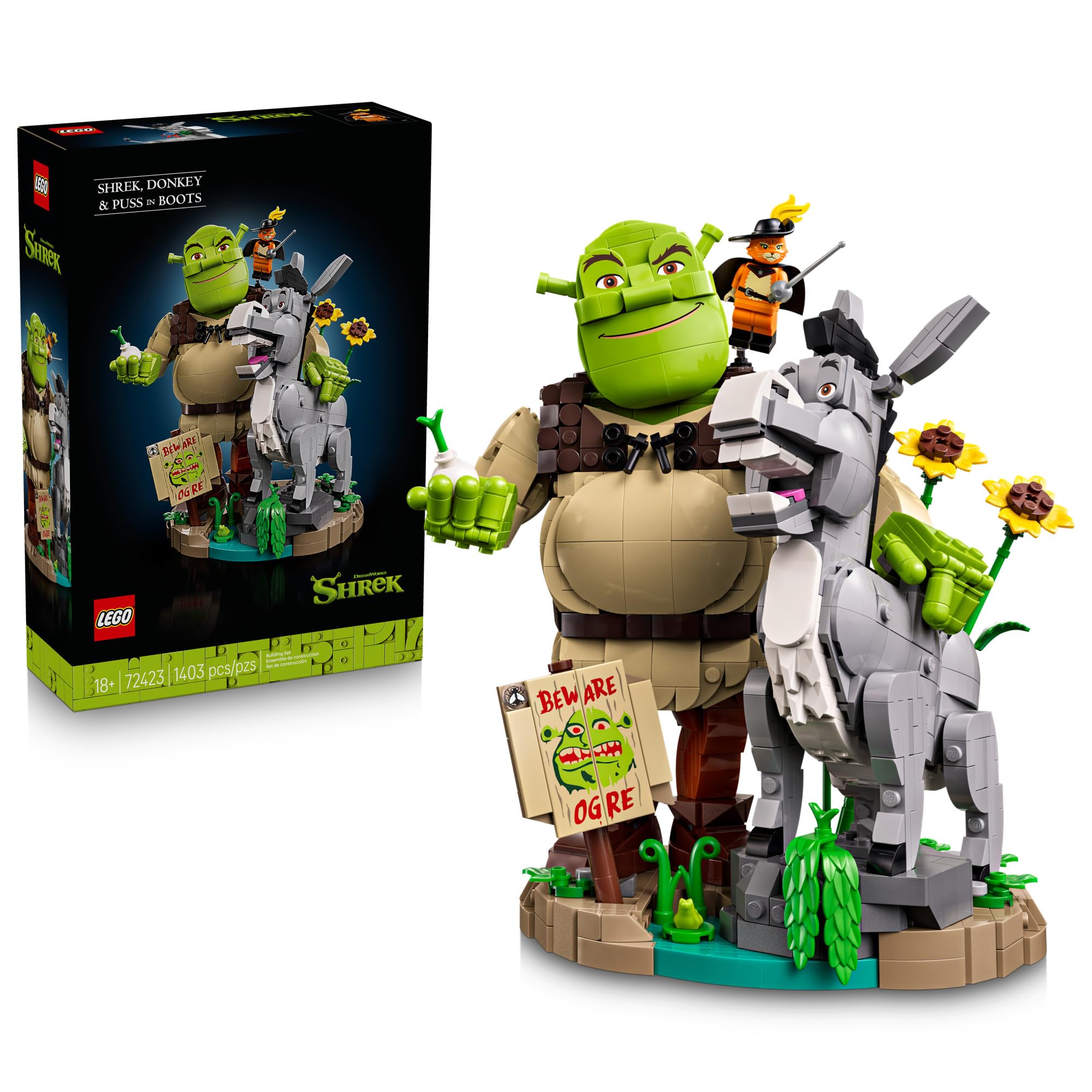 LEGO Shrek: Shrek, Donkey & Puss in Boots 72423 | Collectible Building Set for Adults, Ages 18+, Movie Display for Bedroom or Book Shelf, 1,403 pieces, Gift for Men & Women