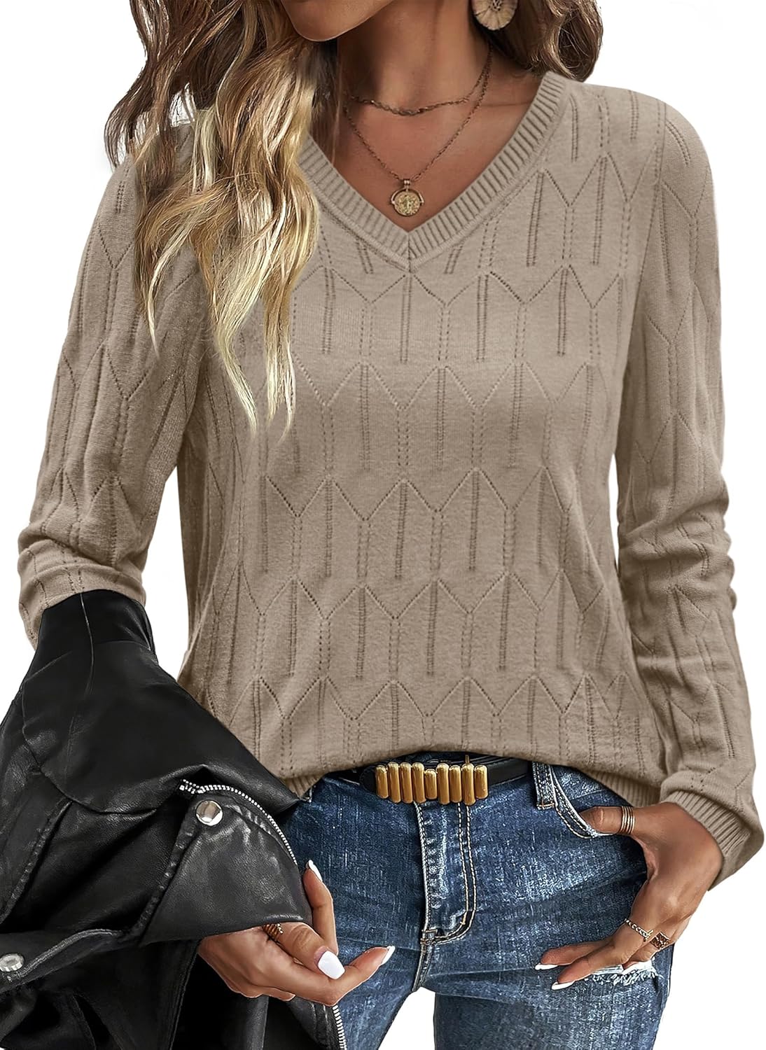 Product image of OFEEFAN Womens Sweaters Long Sleeve Shirts Fall Outfits 2025 V Neck Soft Knit Pullover Trendy Tops Dressy Casual Blouses
