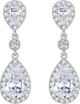EleQueen 925 Sterling Silver Full Prong Cubic Zirconia Birthstone Teardrop Bridal Dangle Earrings for Women, Valentines Day/Mothers Day/Christmas Jewelry Gift