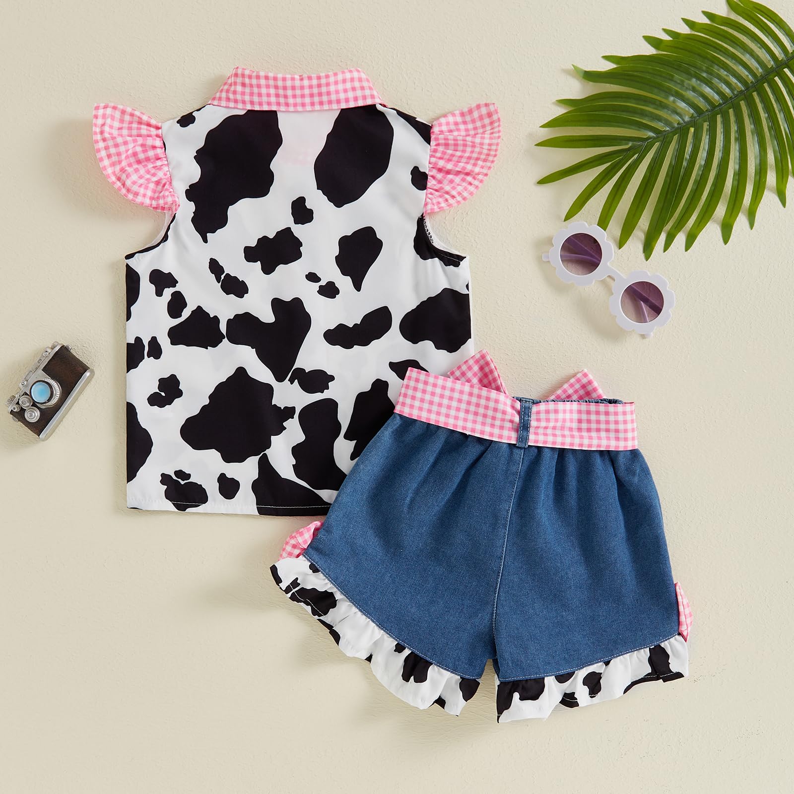 Western Baby Mädchen Denim Outfits Kuhdruck Rüschen Ärmel Knopfleiste Tops mit Schleife Weites Bein Jeans Shorts Set
